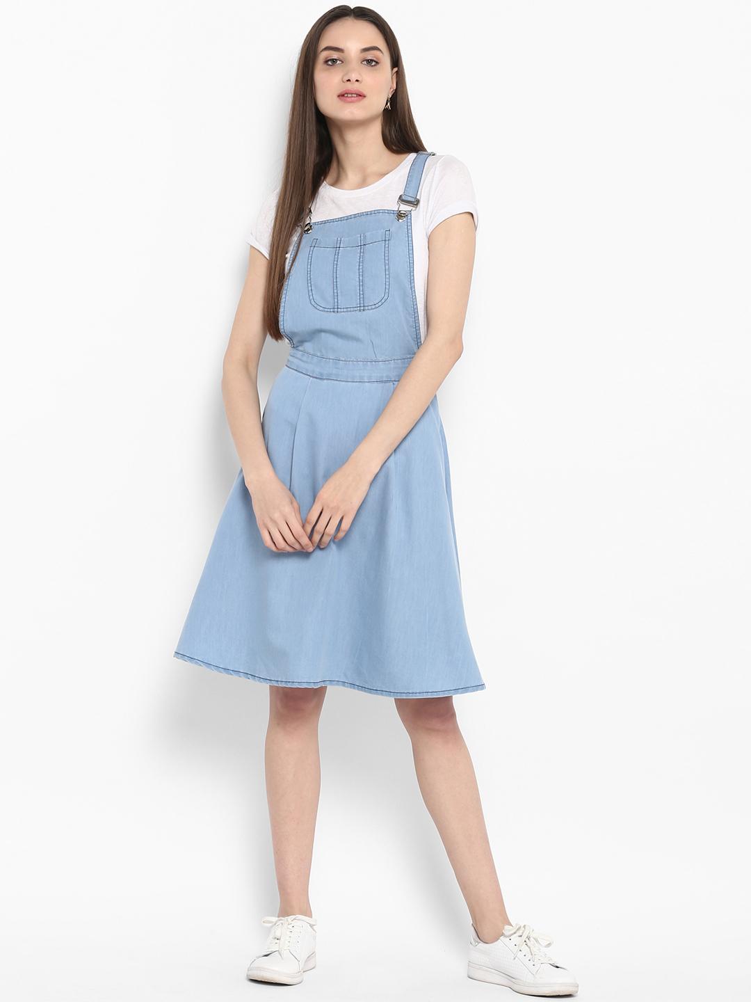 Buy StyleStone Women Denim Blue Solid Pinafore Dress Dresses for