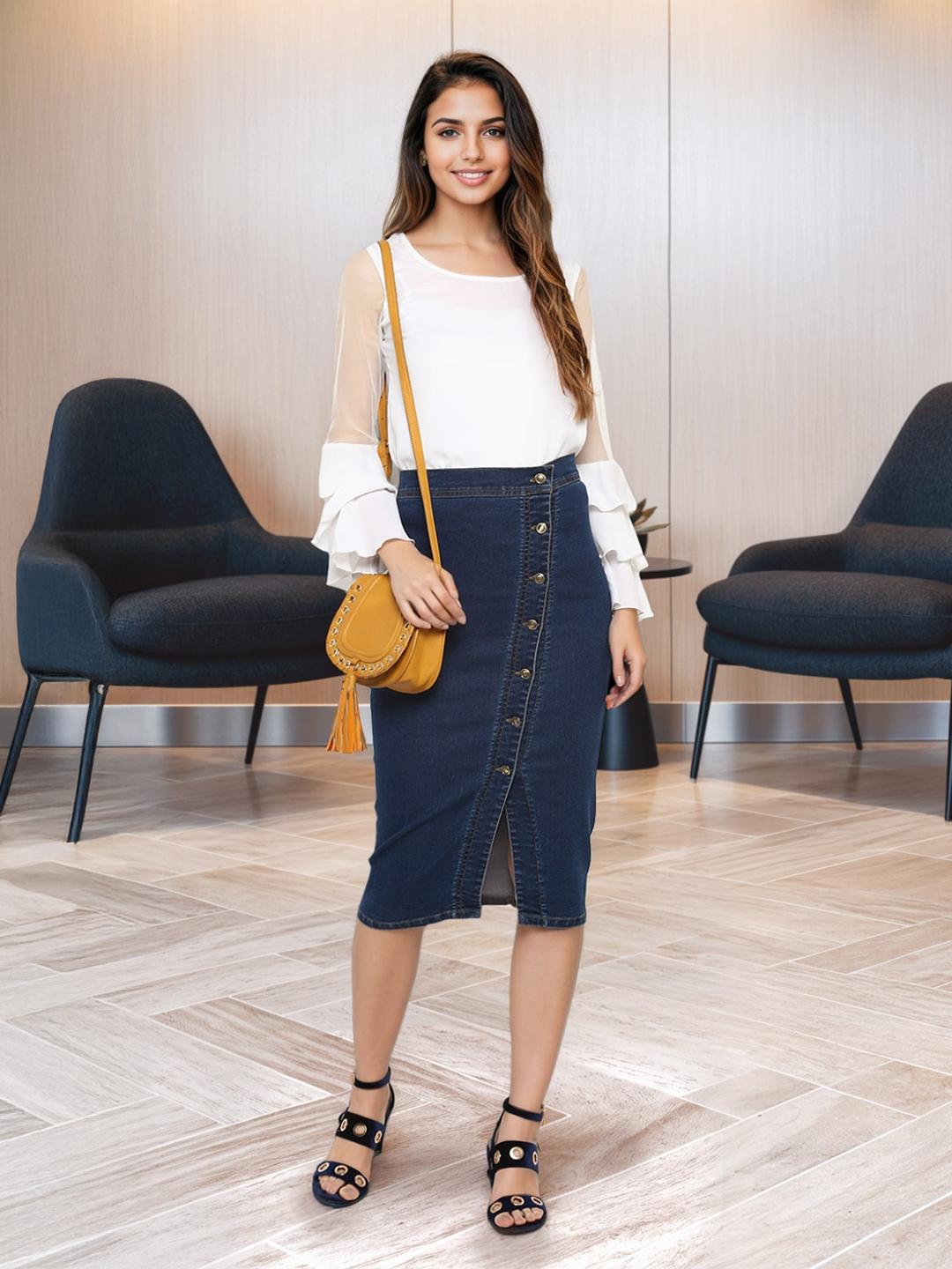 Buy StyleStone Blue A-Line Denim Pencil Skirt Skirts for Women