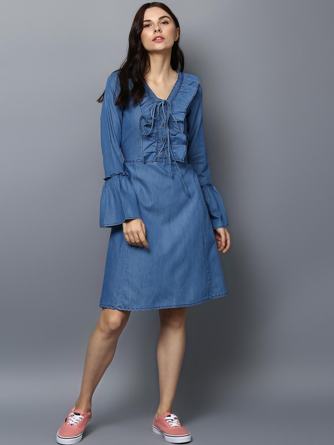 Women's Dresses Denim Drawstring Dress StyleStone Women Blue