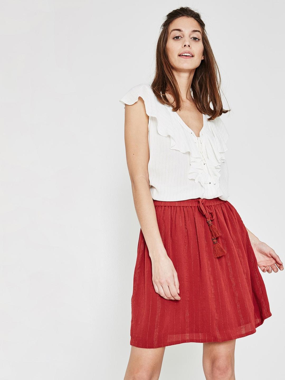 Buy promod Women Maroon Striped A-Line Mini Skirt Skirts for