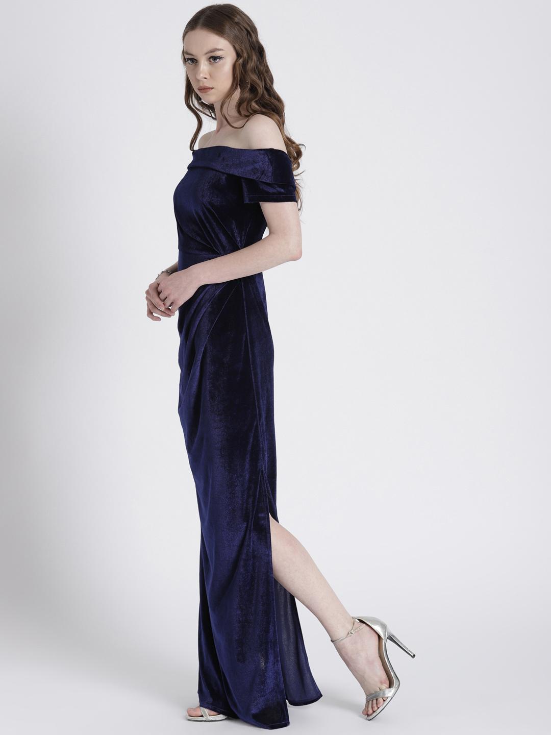 Buy FabAlley Women Navy Blue Velvet Off-Shoulder Maxi Dress
