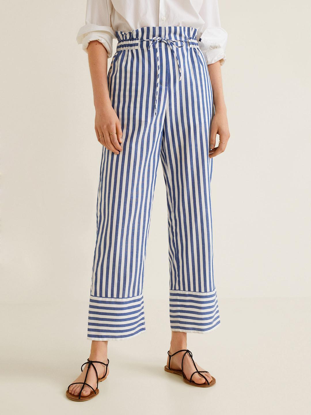 Buy MANGO Women White & Blue Regular Fit Striped Trousers