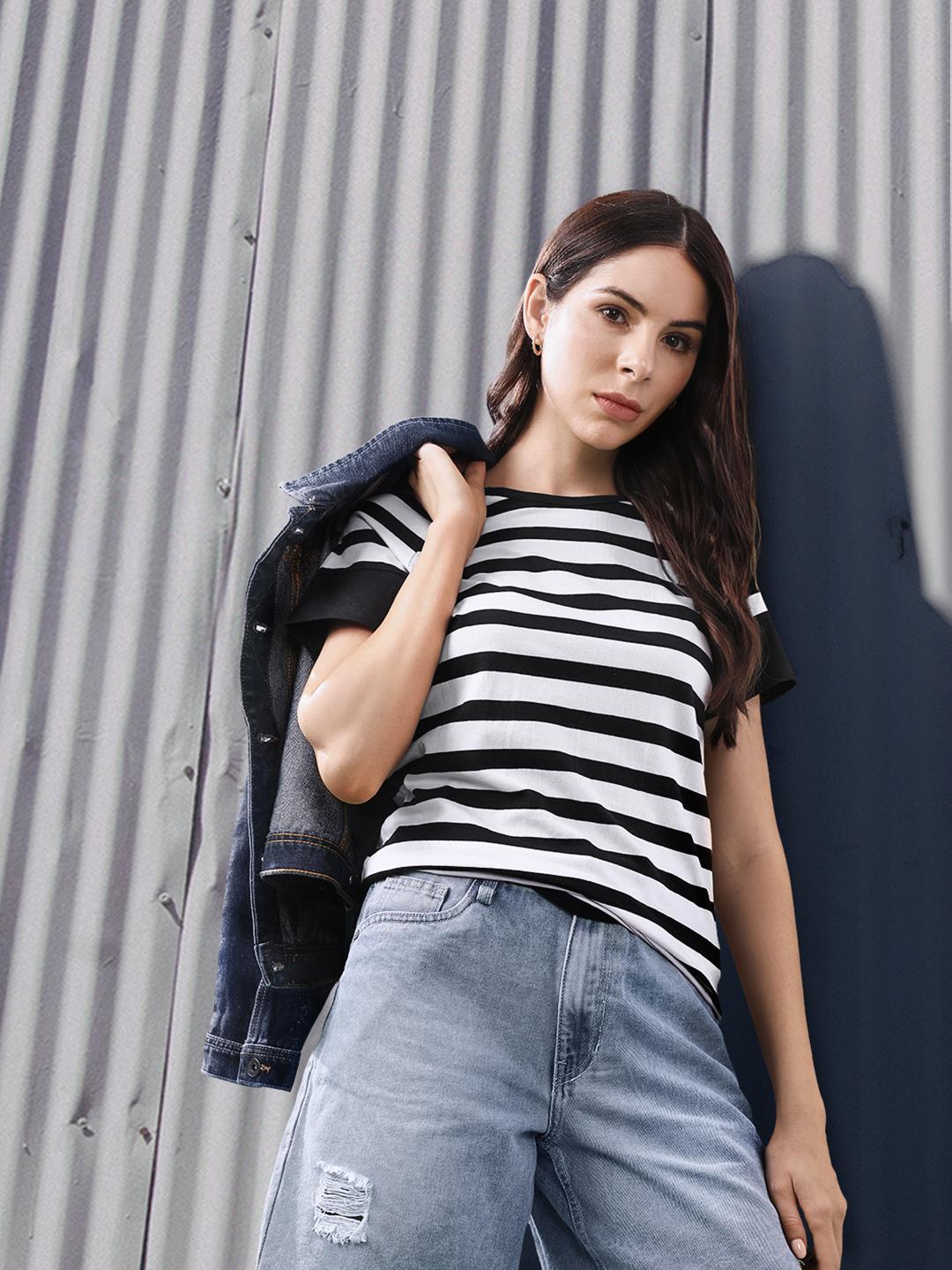 Buy Roadster Women Black White Striped Round Neck Pure Cotton T