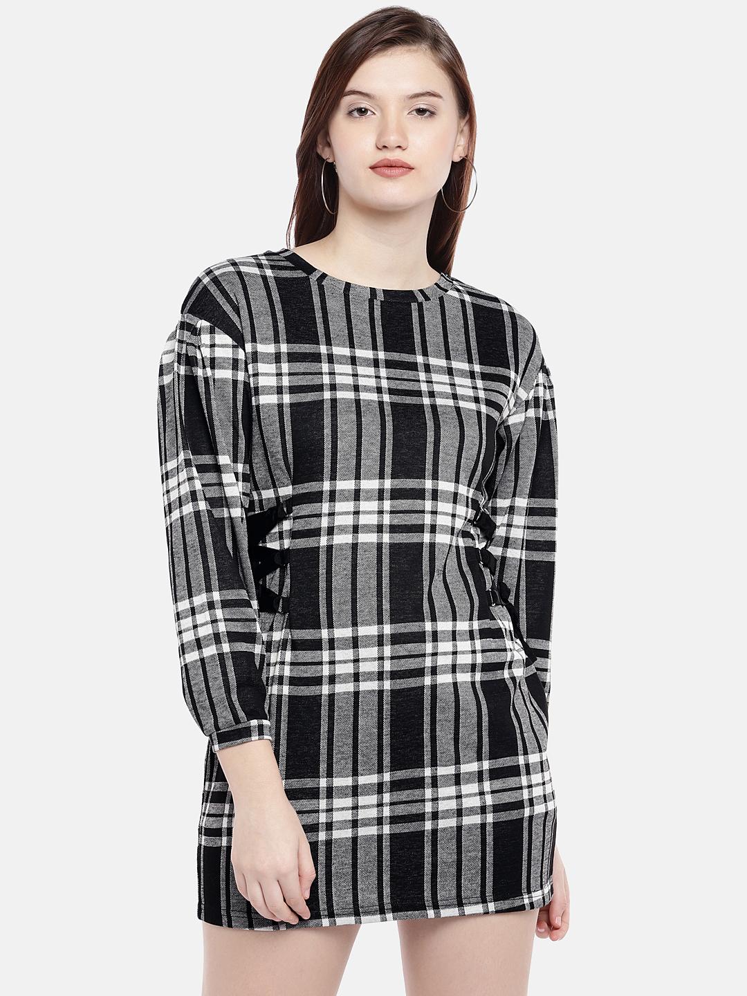 checked bodycon dress One Shoulder Puff Sleeve Bodycon Mini Dress in Black main image 0