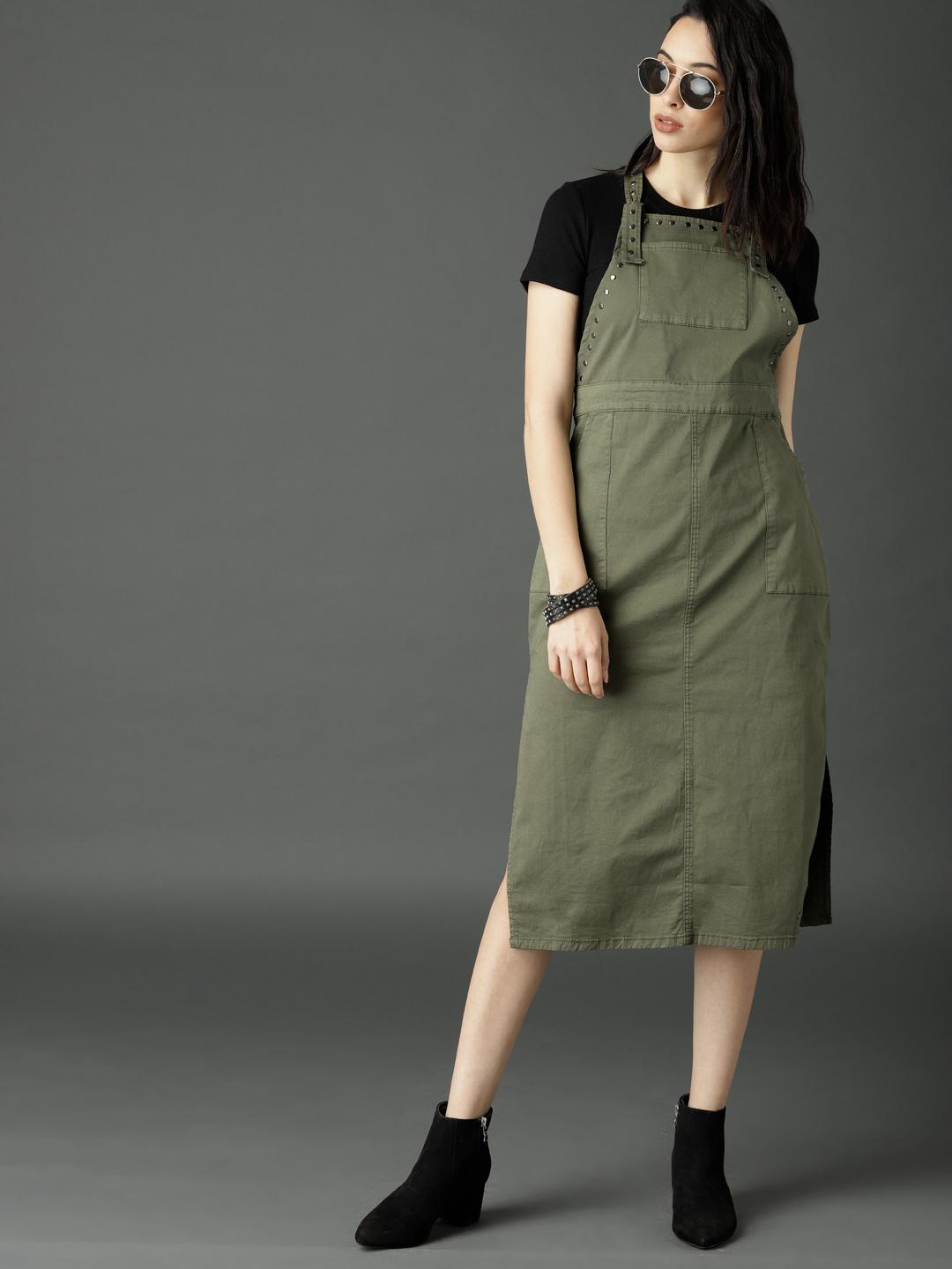 Buy Roadster Women Olive Green Midi Dungaree Dress with Studs