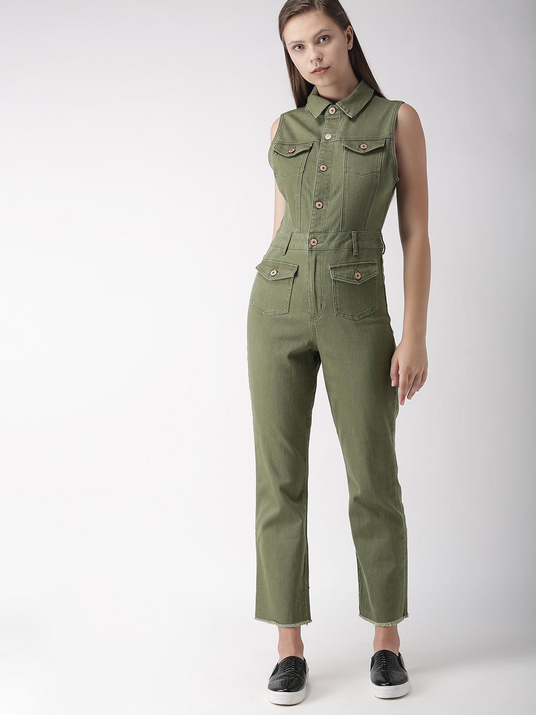 Buy FOREVER 21 Olive Green Solid Denim Basic Jumpsuit Jumpsuit
