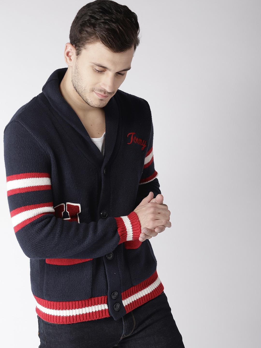 Buy Tommy Hilfiger Men Navy Blue Red Self Design Cardigan