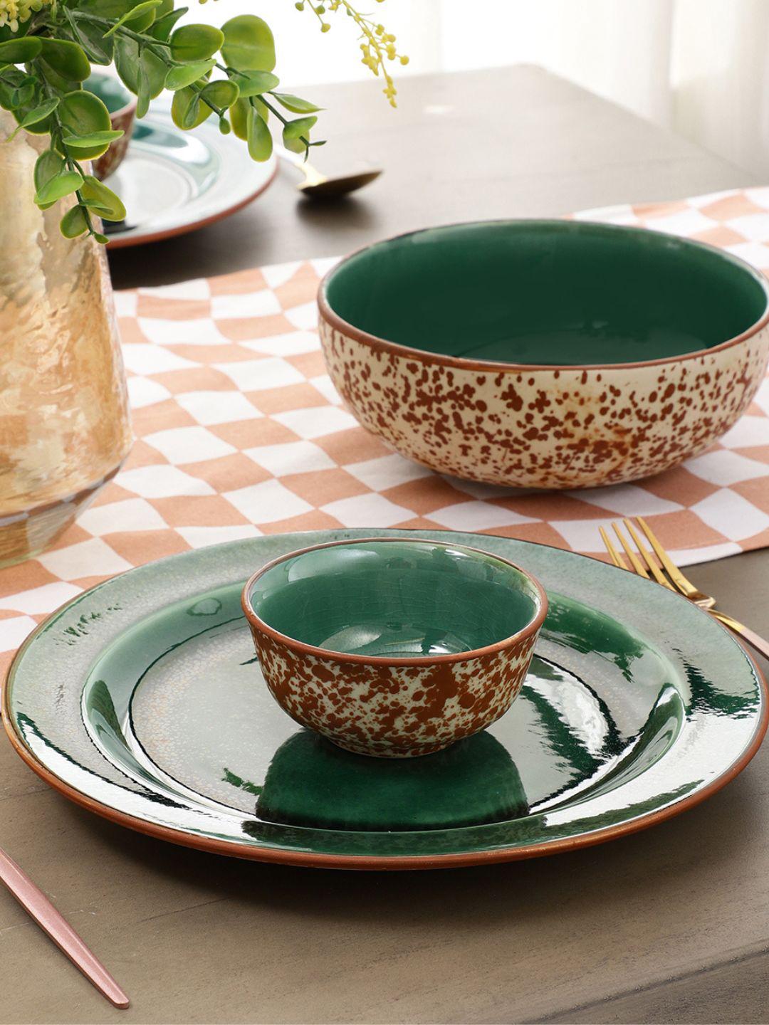 Porcelain Dinnerware Set For 10 VarEesha Set Of 10 Teal Blue Brown Printed  Ceramic Dinner Plates Bowls