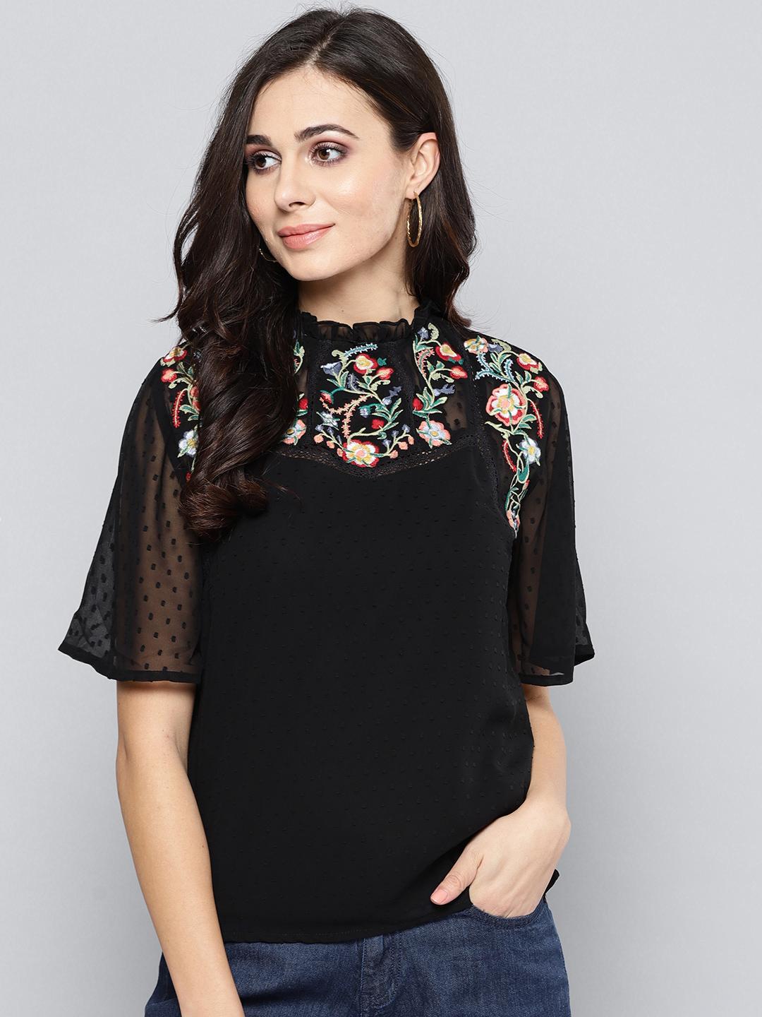 Buy Harpa Black Top with Floral Embroidery Tops for Women