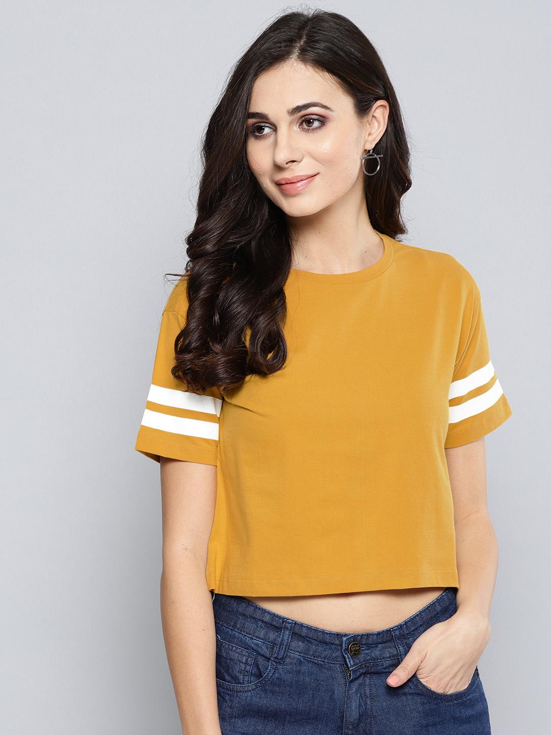 Buy Harpa Women Mustard Yellow Solid Round Neck Crop Pure Cotton T