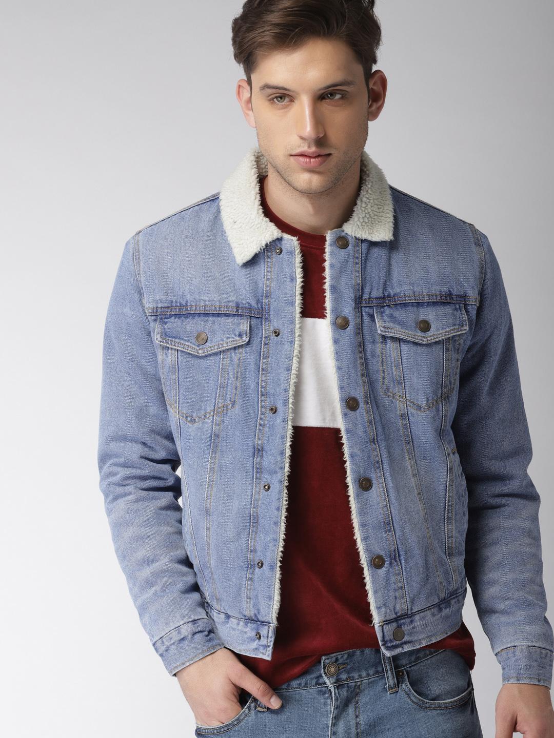 Buy FOREVER 21 Men Blue Solid Denim Jacket with a Faux Fur Detail