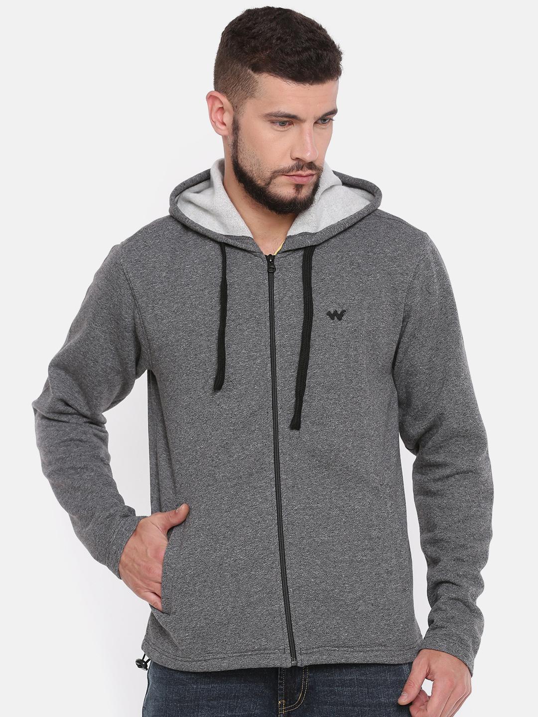 Buy Wildcraft Men Charcoal Grey Solid Hooded Zipper Sweatshirt