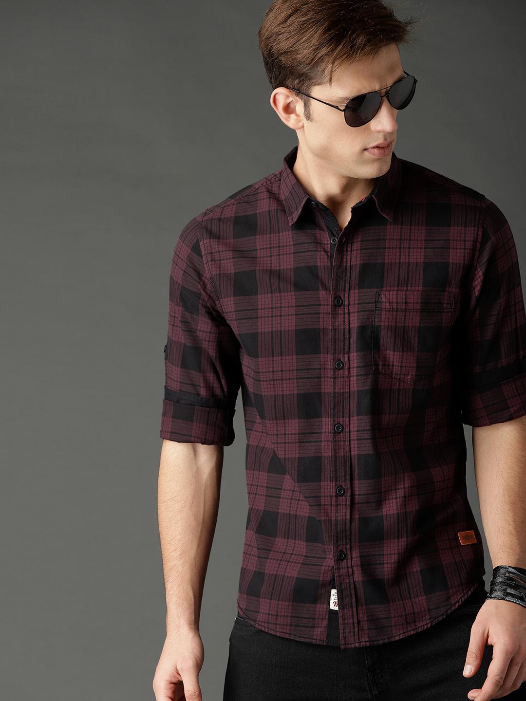 Roadster Men Burgundy & Black Checked Cotton Shirt - Image 1