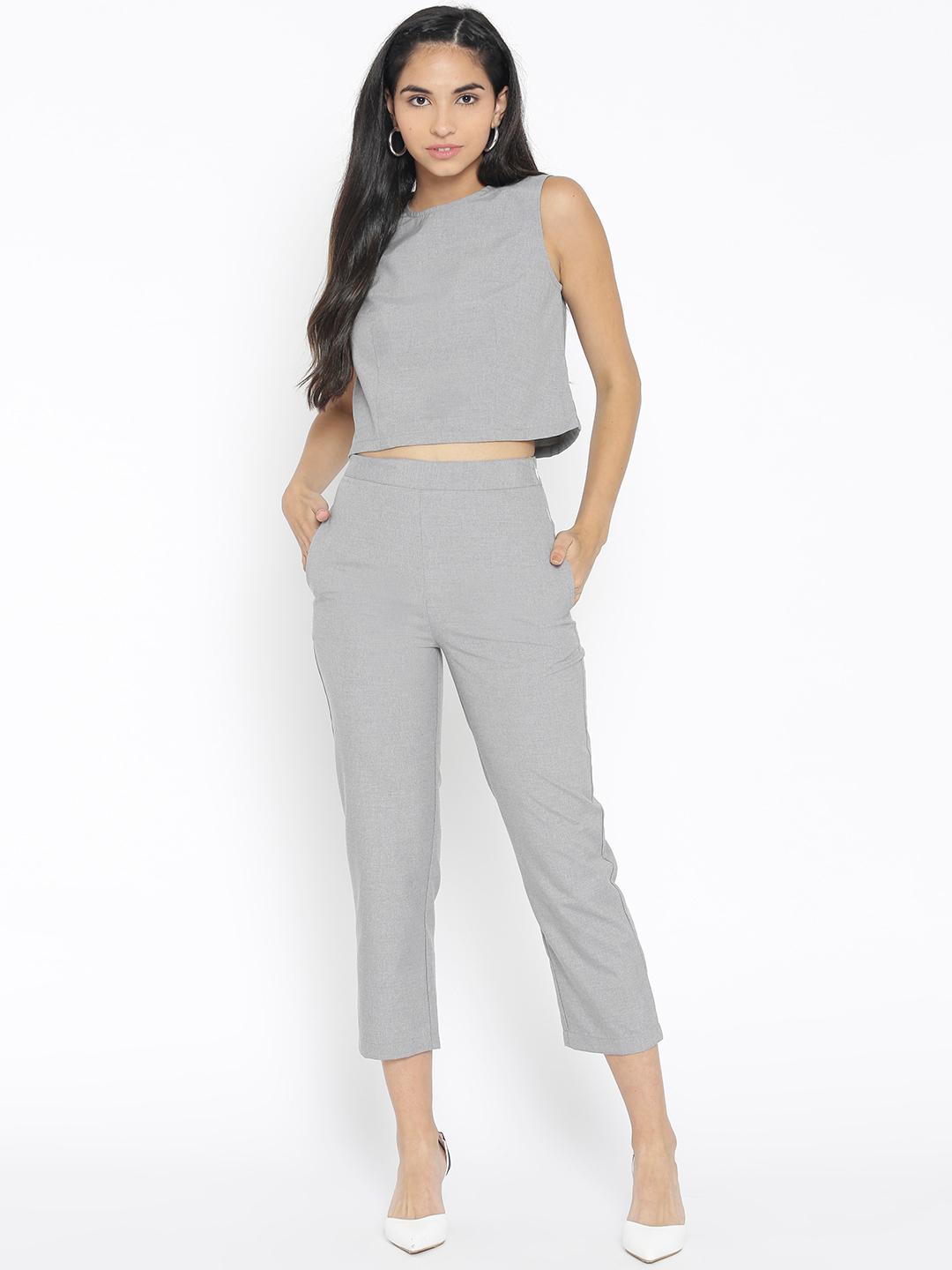 Buy StalkBuyLove Women Grey Solid Crop Top with Trousers Co-Ords