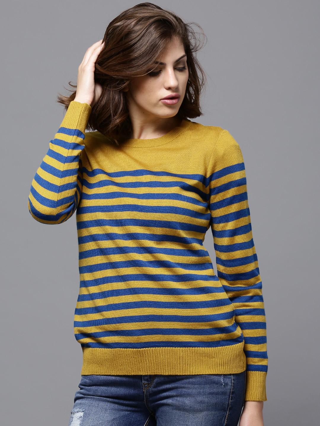 Buy Roadster Mustard Yellow Blue Striped Sweater Sweaters for