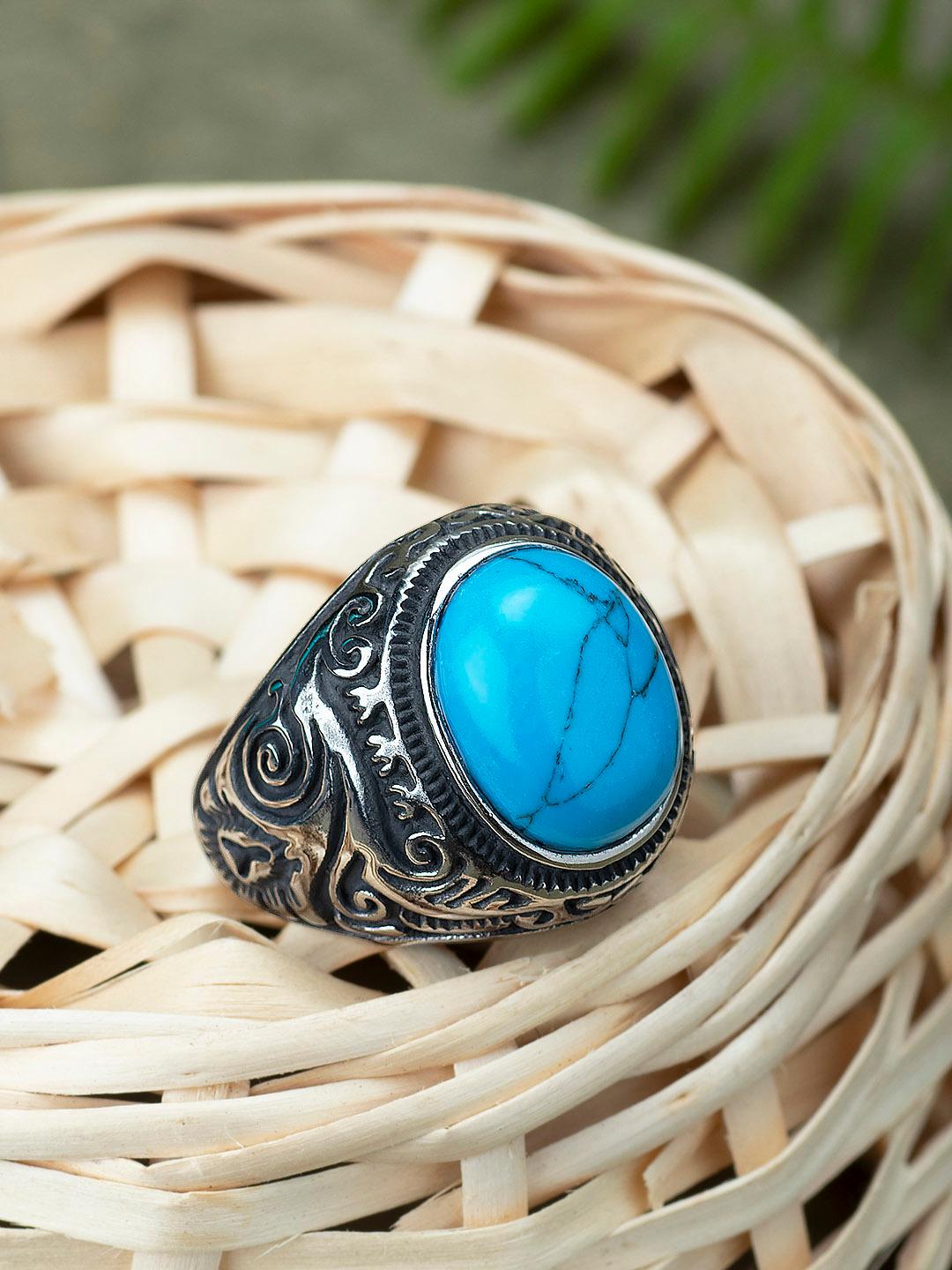 Peora Men Silver-Toned Blue Stone-Studded Ring