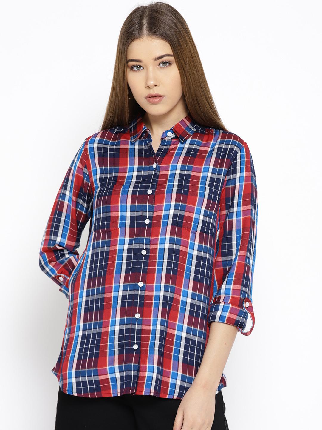 Buy Polo Women Blue Red Regular Fit Checked Casual