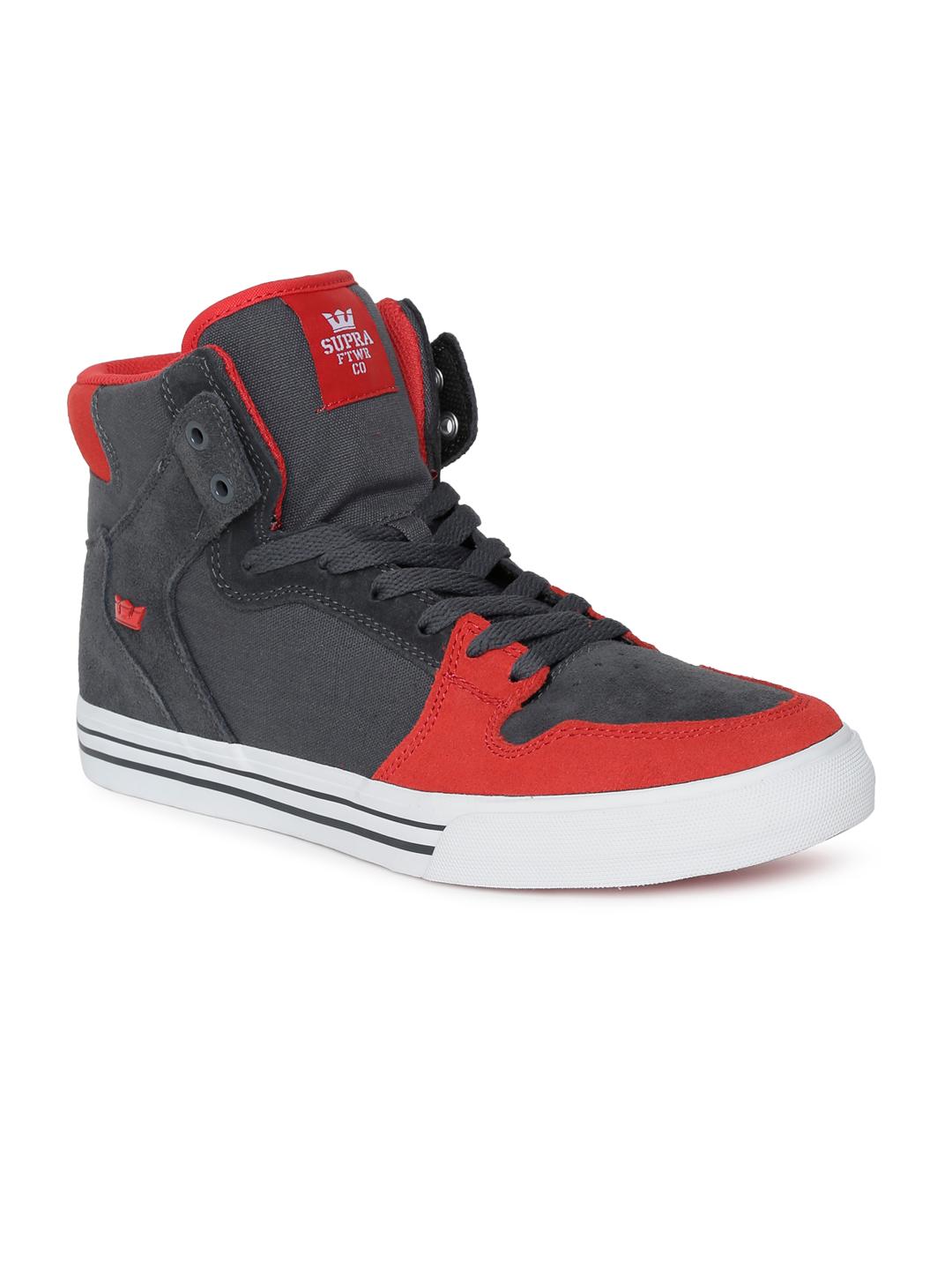 Red Supra Vaider Grey White Supra Men Grey Red Vaider Mid-Top Sneakers