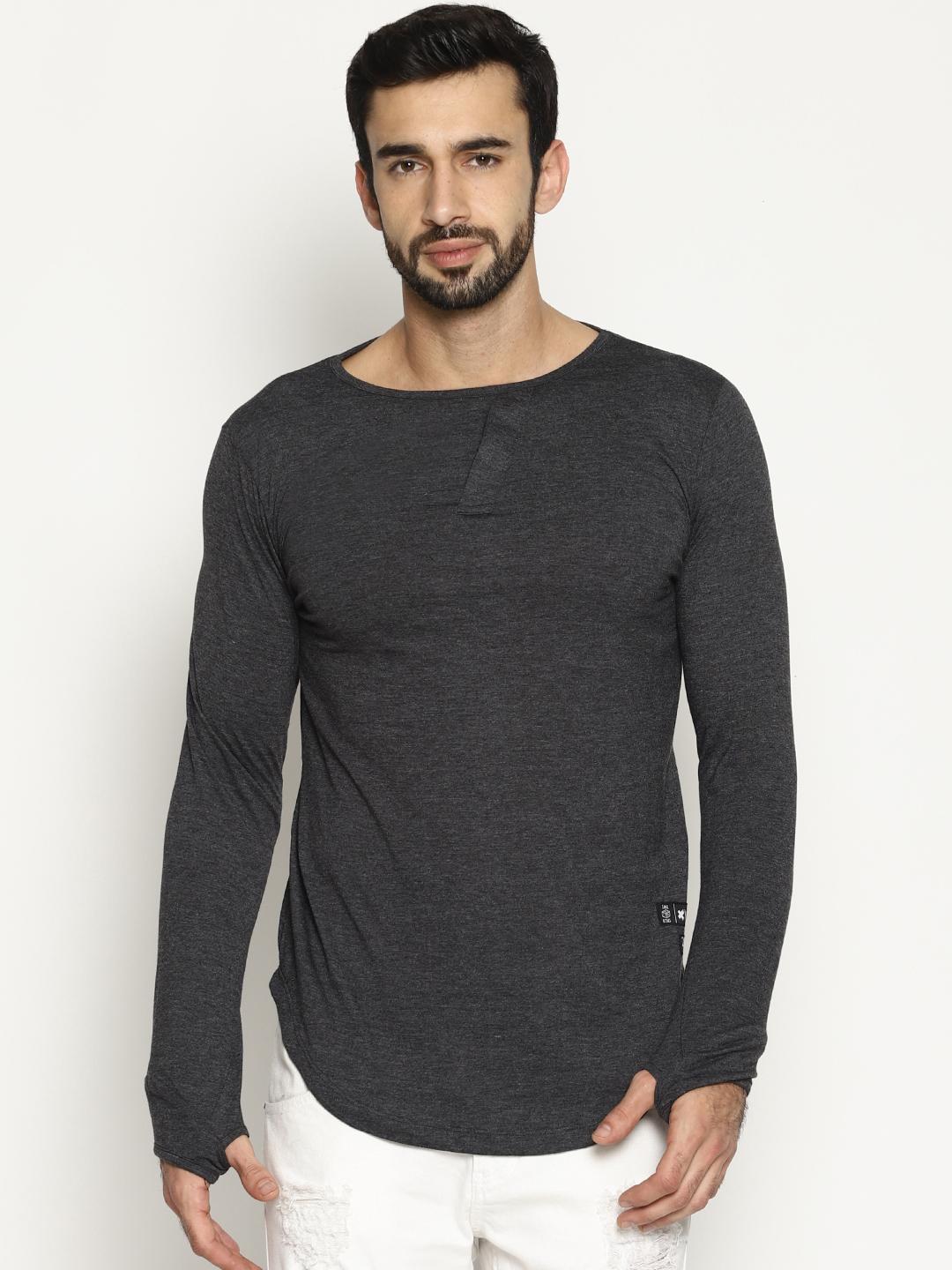 Buy KULTPRIT Men Charcoal Grey Solid Boat Neck T-shirt - Tshirts