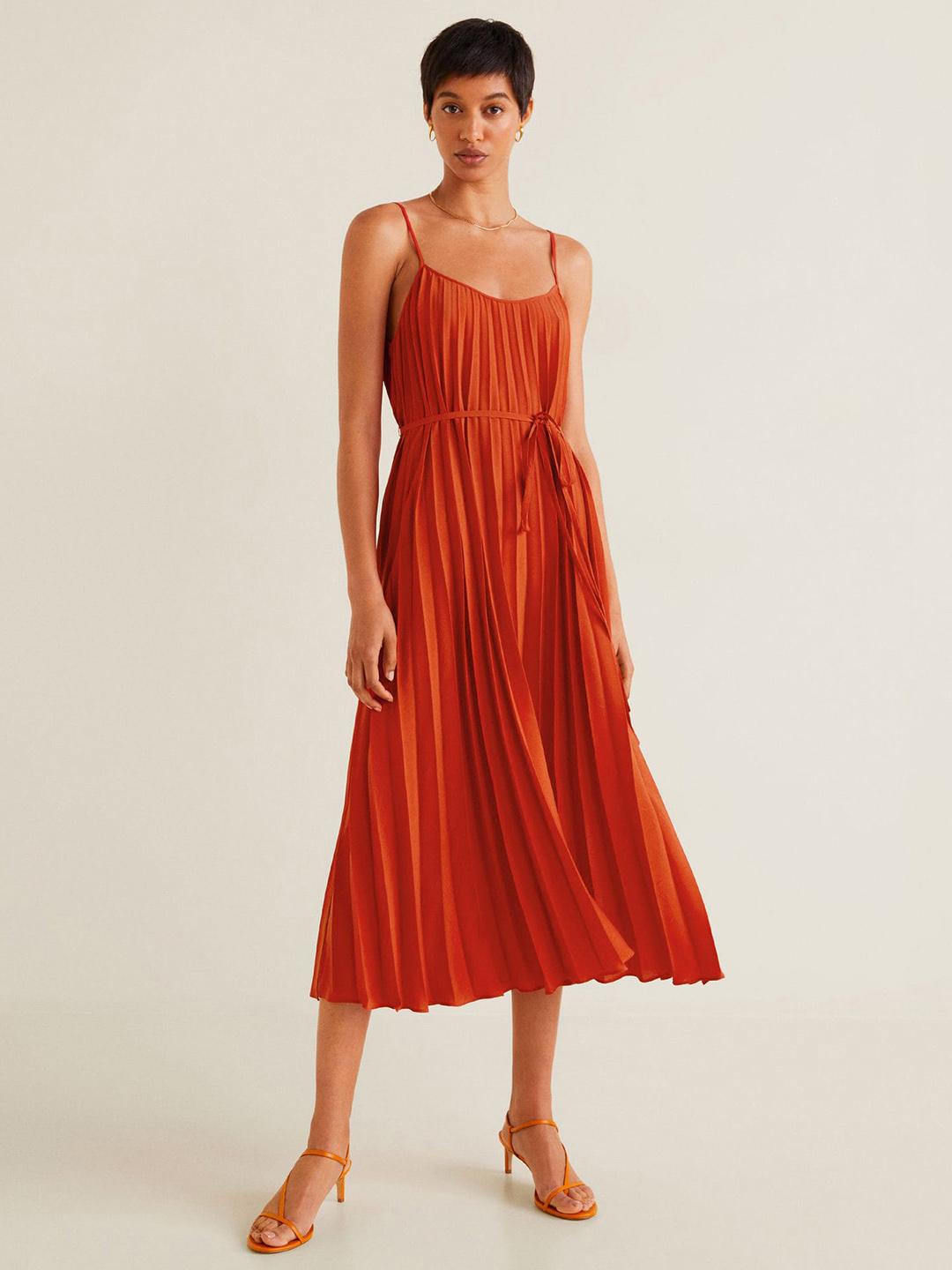Buy MANGO Women Orange Solid Pleated A-Line Dress - Dresses for Women  9118559 | Myntra