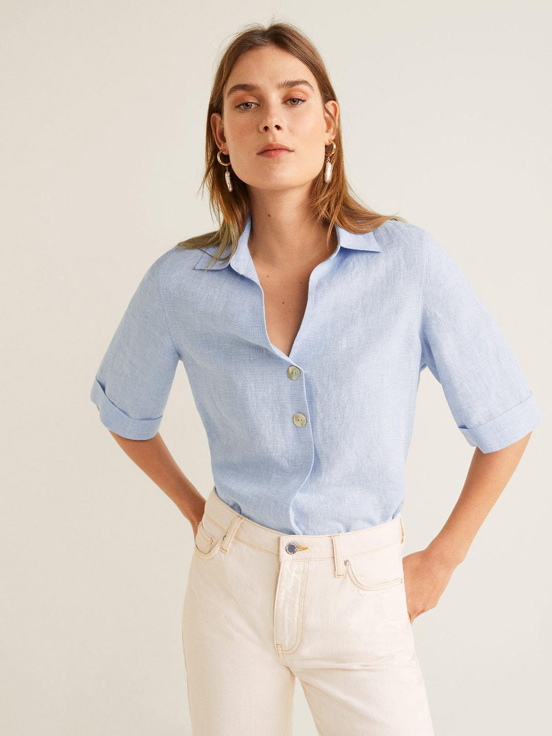 Buy MANGO Women Blue & White Linen Checked Shirt Style Top - Tops for Women  9350095 | Myntra