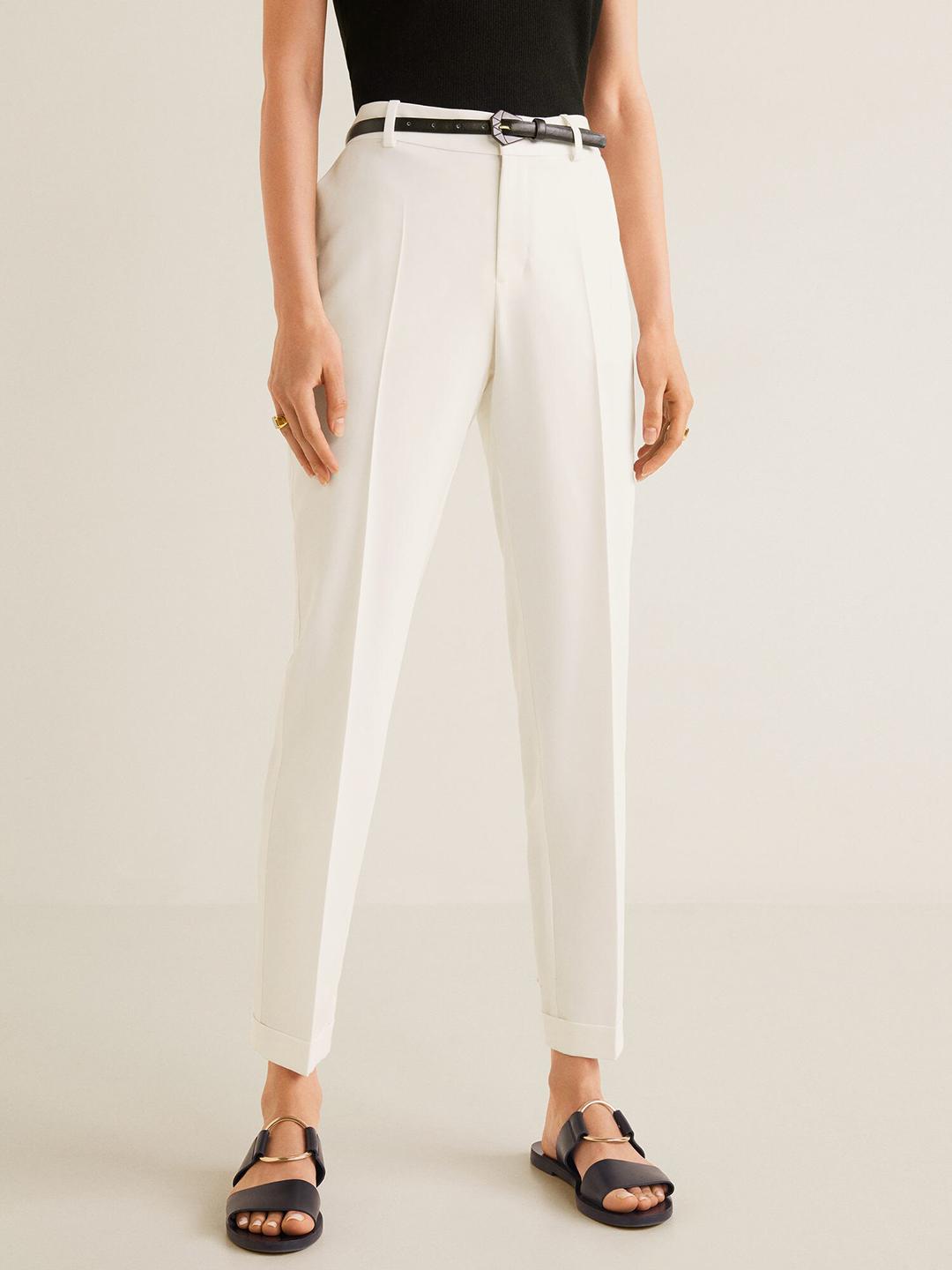 MANGO Women White Regular Fit Solid Formal Trousers With Belt