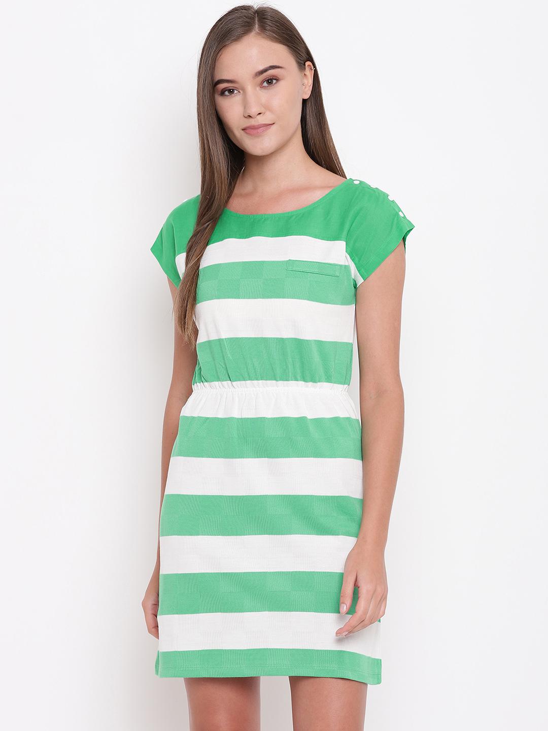 green emerald velvet dress Women's in Perfect Order Green Stripe Button Front Ruffle Collar Midi Shirt Dress | Size: M main image 1