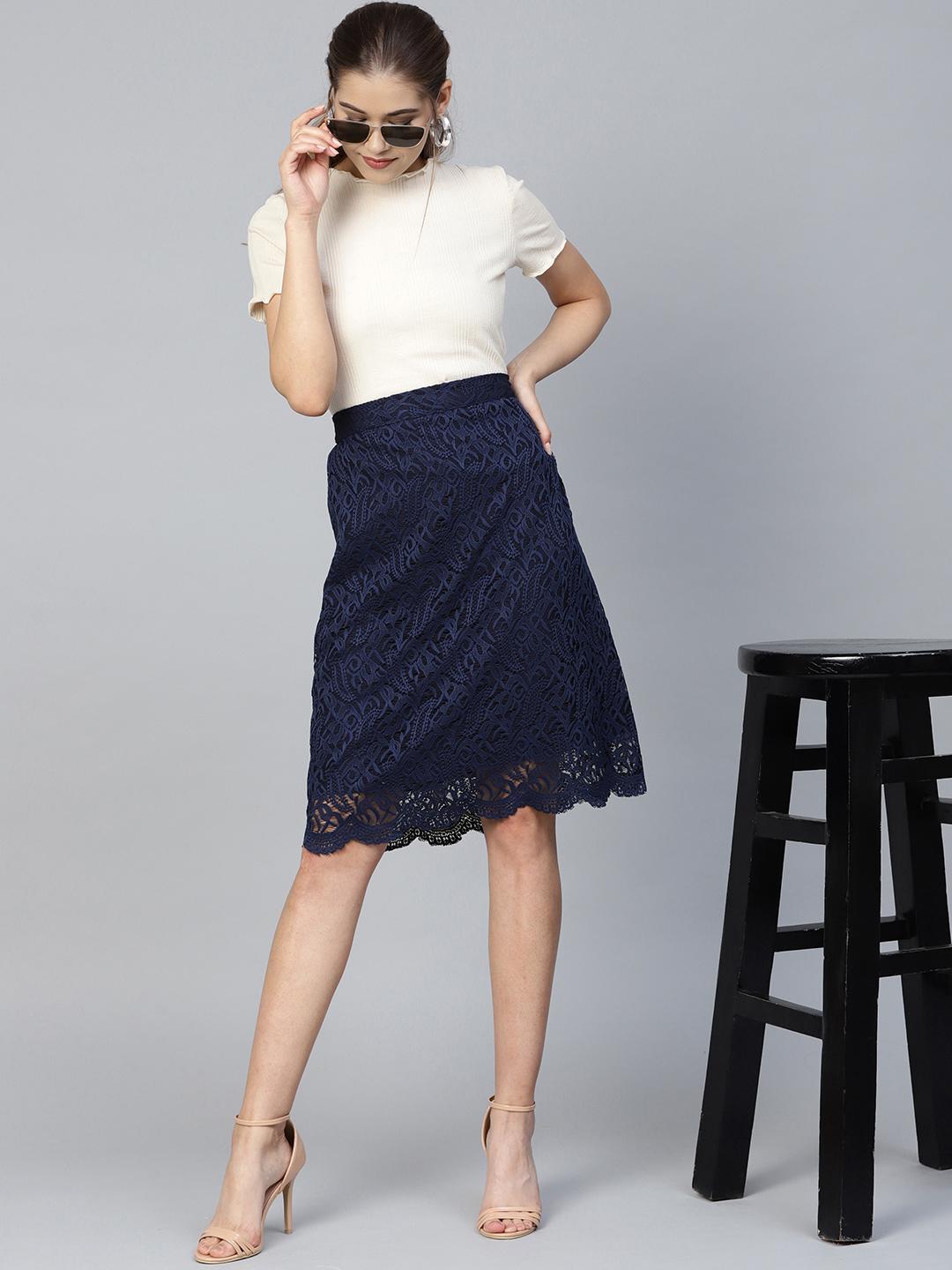 Buy Athena Navy Blue Lace A-Line Skirt Skirts for Women 9535343 - Main Image