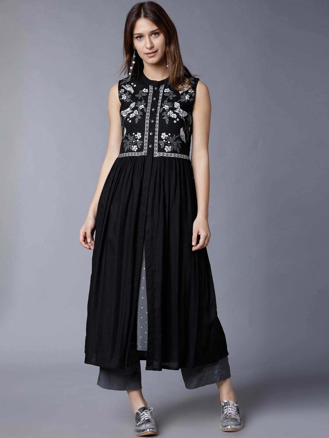 Buy Vishudh Women Black & Grey Yoke Design Layered Kurta with ...