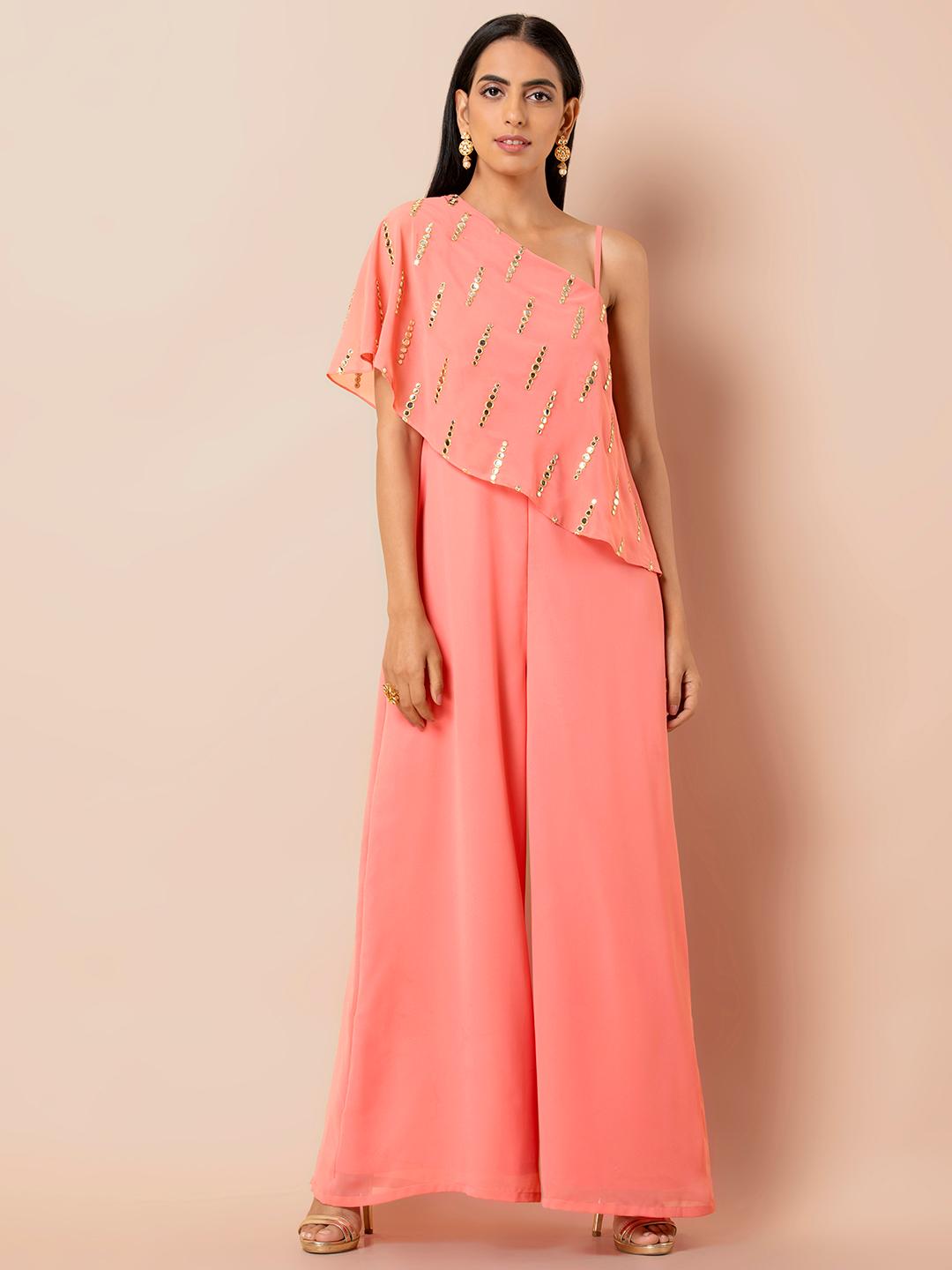 Buy INDYA Women Peach-Coloured Self Design Basic Jumpsuit