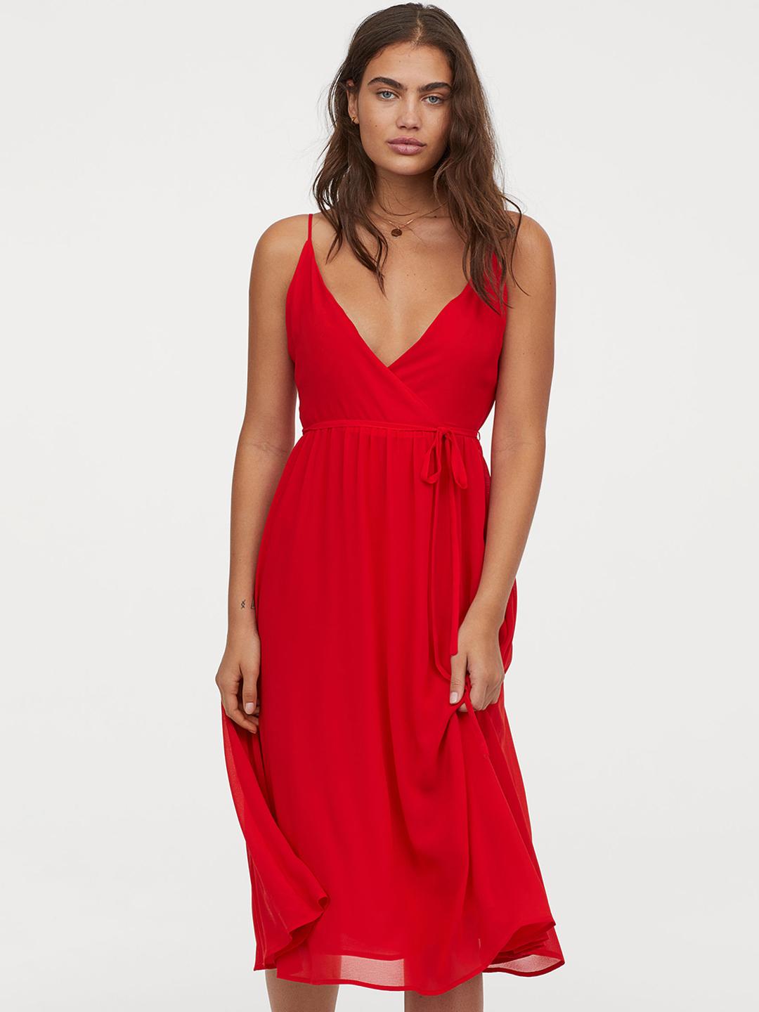 h&m red v neck dress H&M Bright Red Faux Wrap Mini Dress w/ Ruffles
