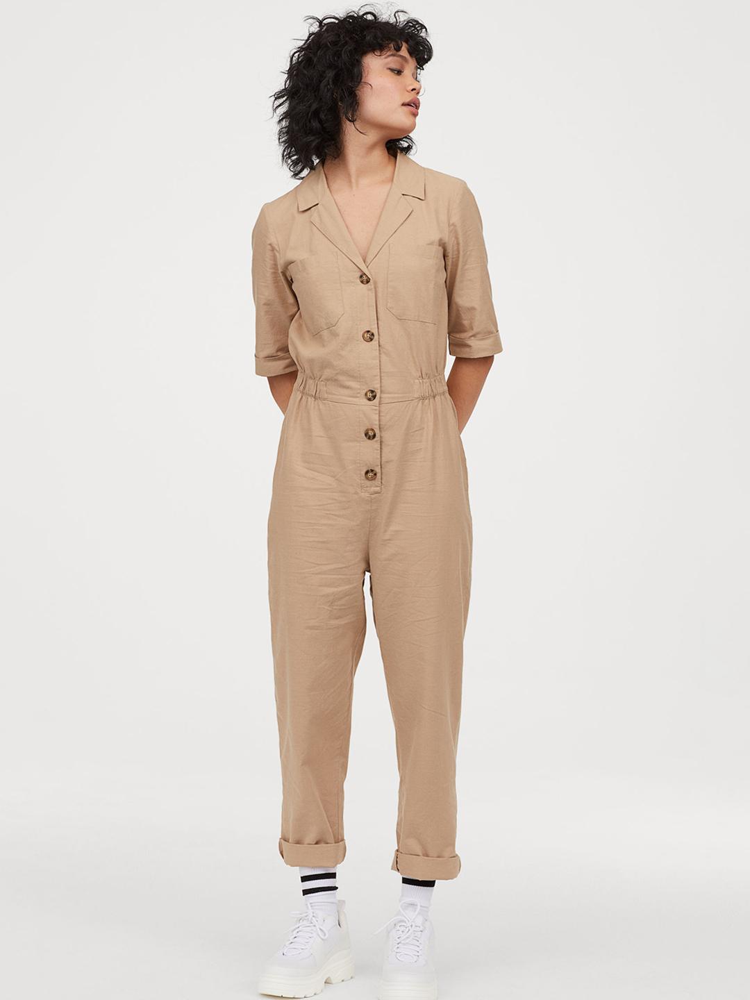 Buy H&M Women Beige Solid Cotton Boiler Suit Jumpsuit for Women