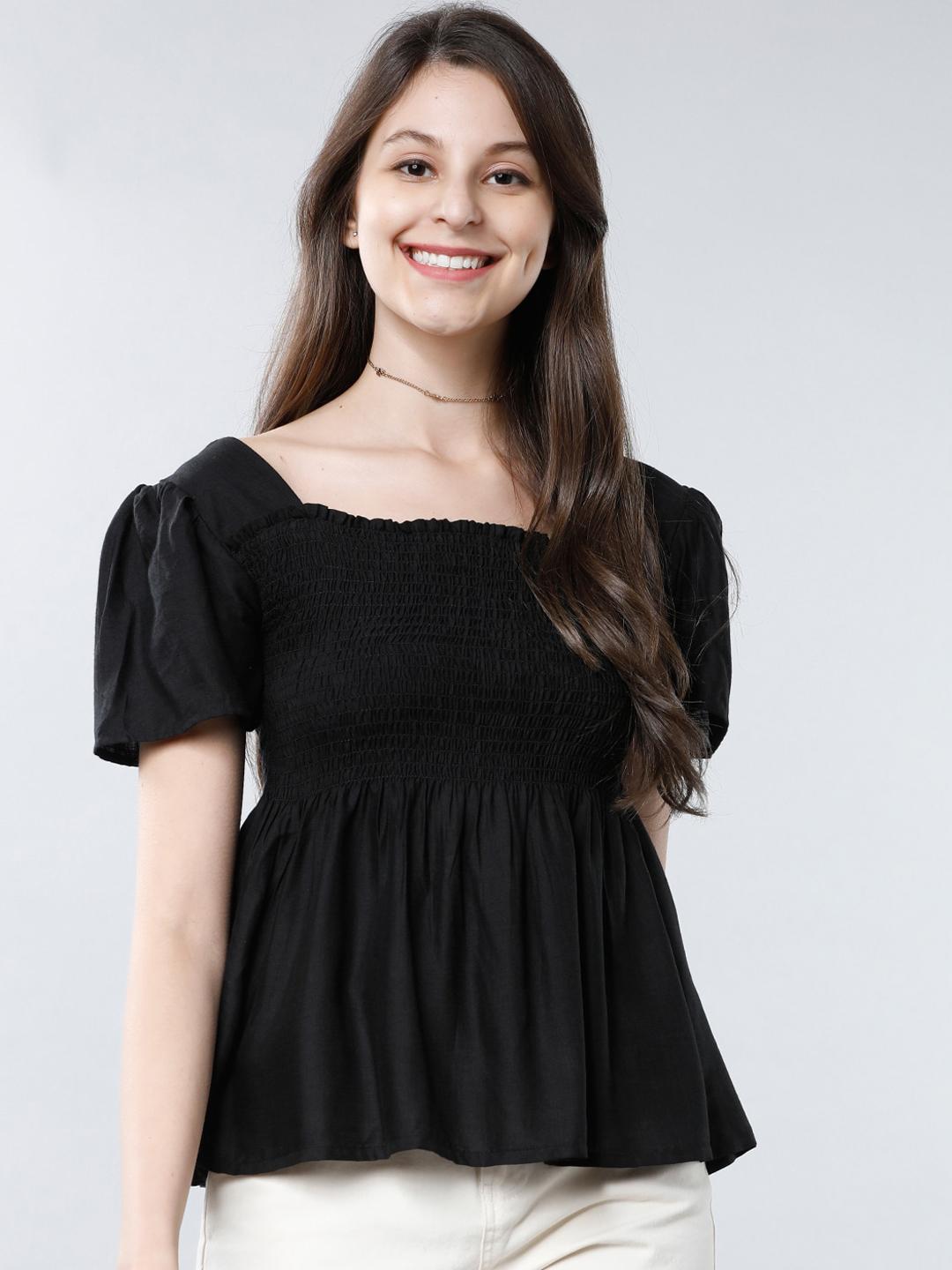 Buy Tokyo Talkies Women Black Solid Smocked Peplum Top - Tops for