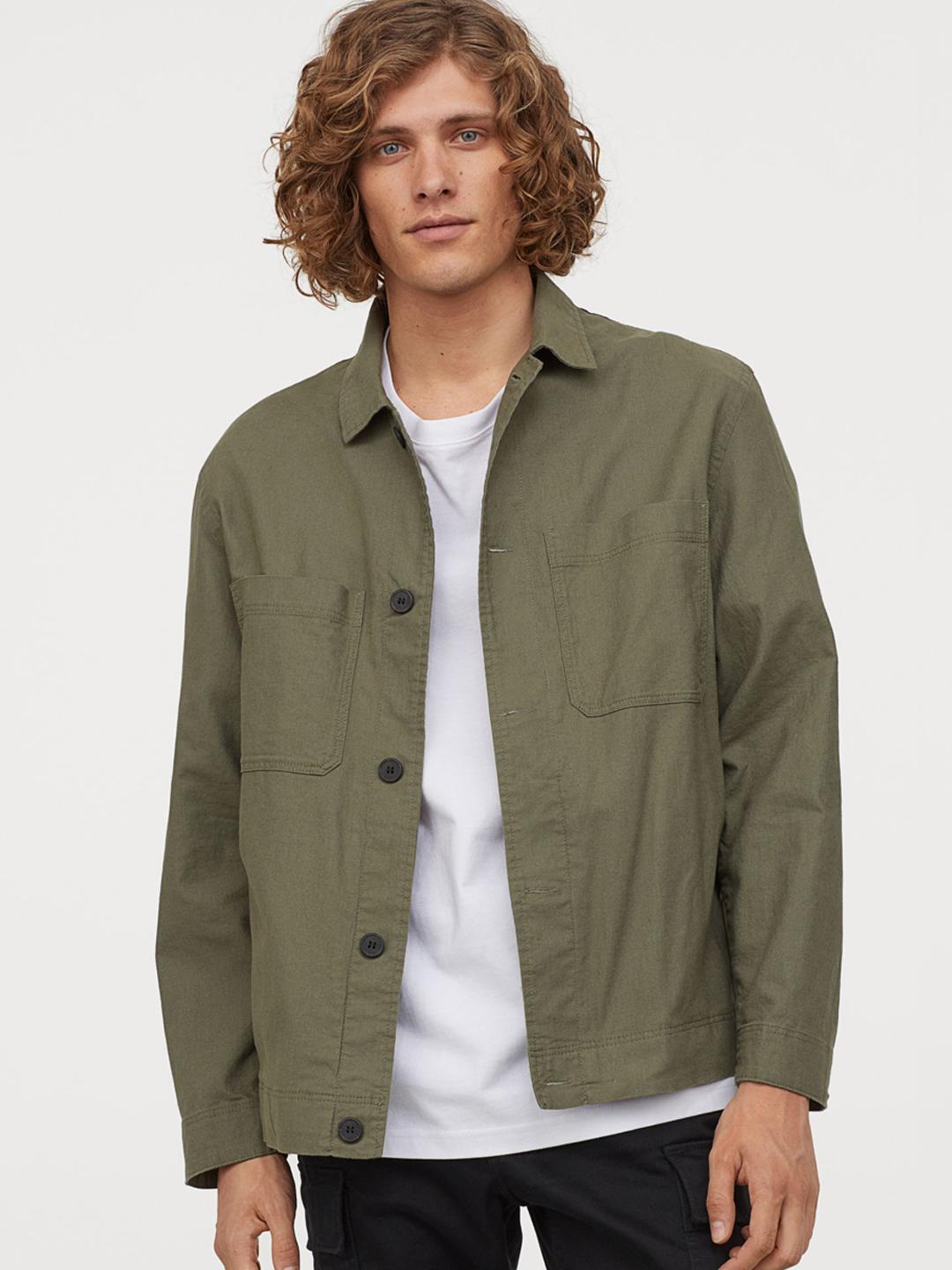 Buy H&M Men Olive Green Solid Linen-Blend Shacket Jackets for
