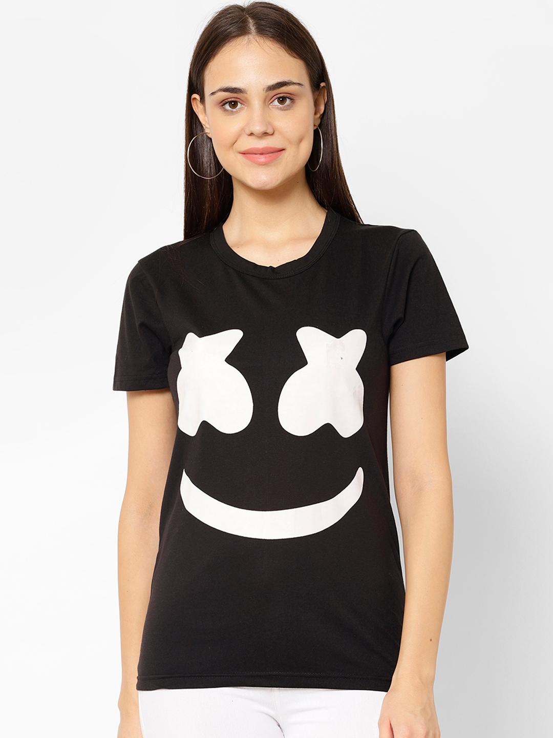 Buy MACK JONNEY Women Black White Marshmello Printed Round Neck