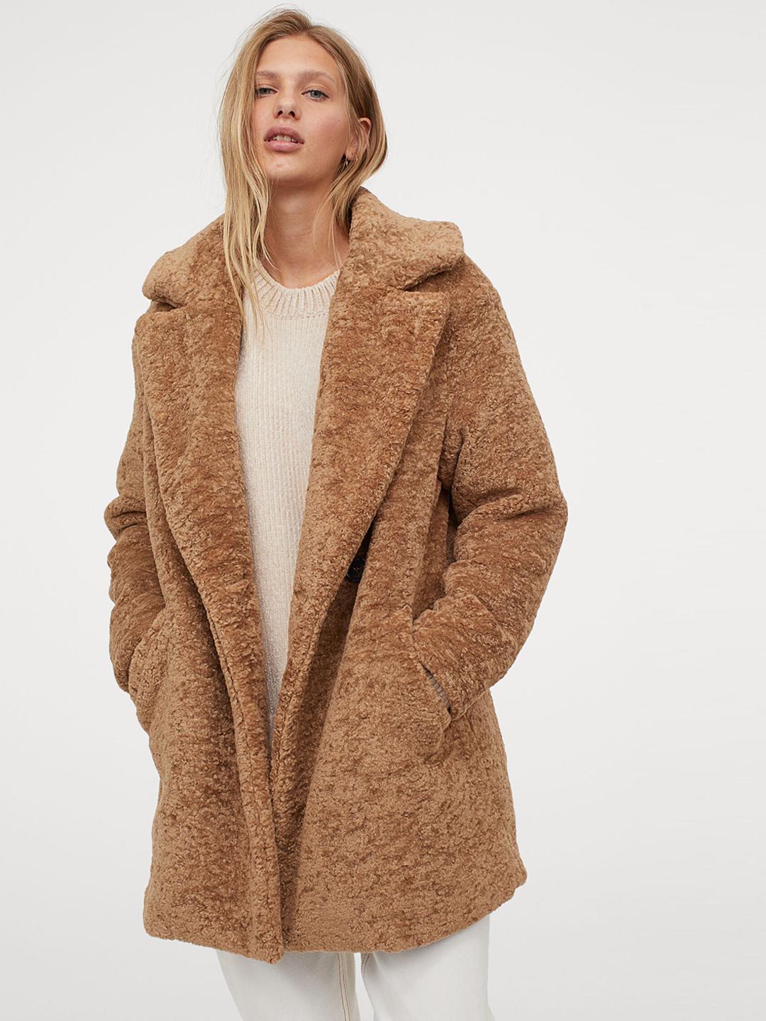 Buy H&M Women Beige Solid Teddy Coat Coats for Women 12466268