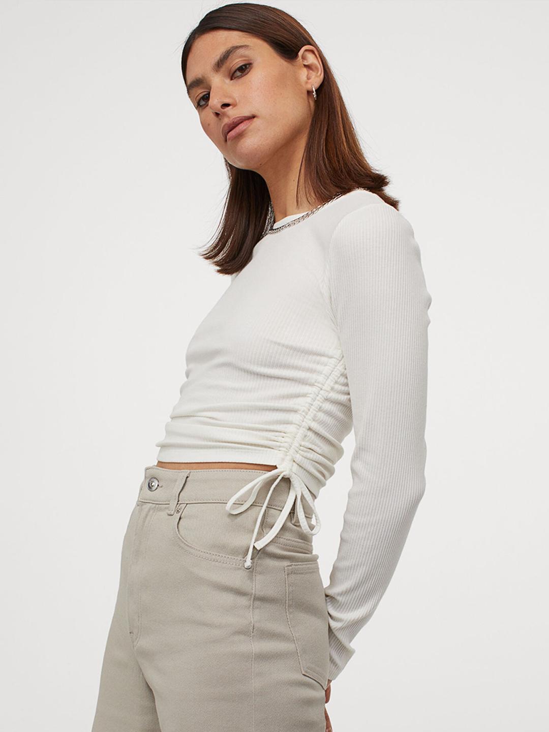 Buy H&M Women Off White Solid Drawstring Top - Tops for Women