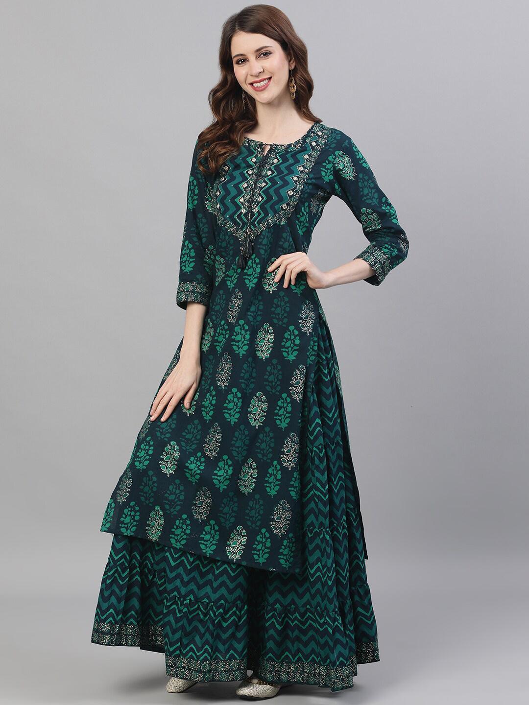 Buy Ishin Women Navy Blue & Green Printed Kurta with Skirt - Myntra