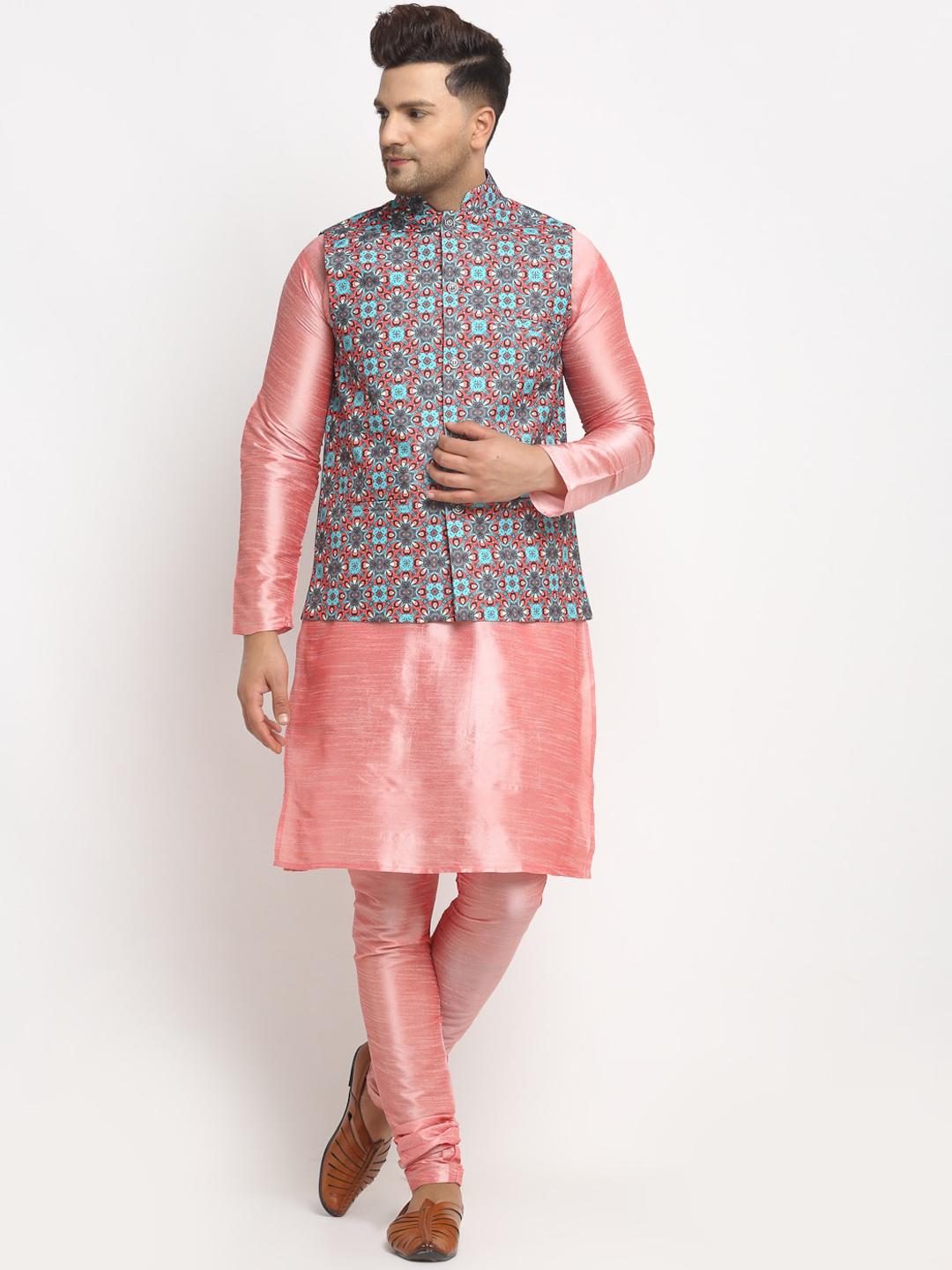 Buy Benstoke Men Pink & Blue Woven Design Kurta with Pyjamas ...