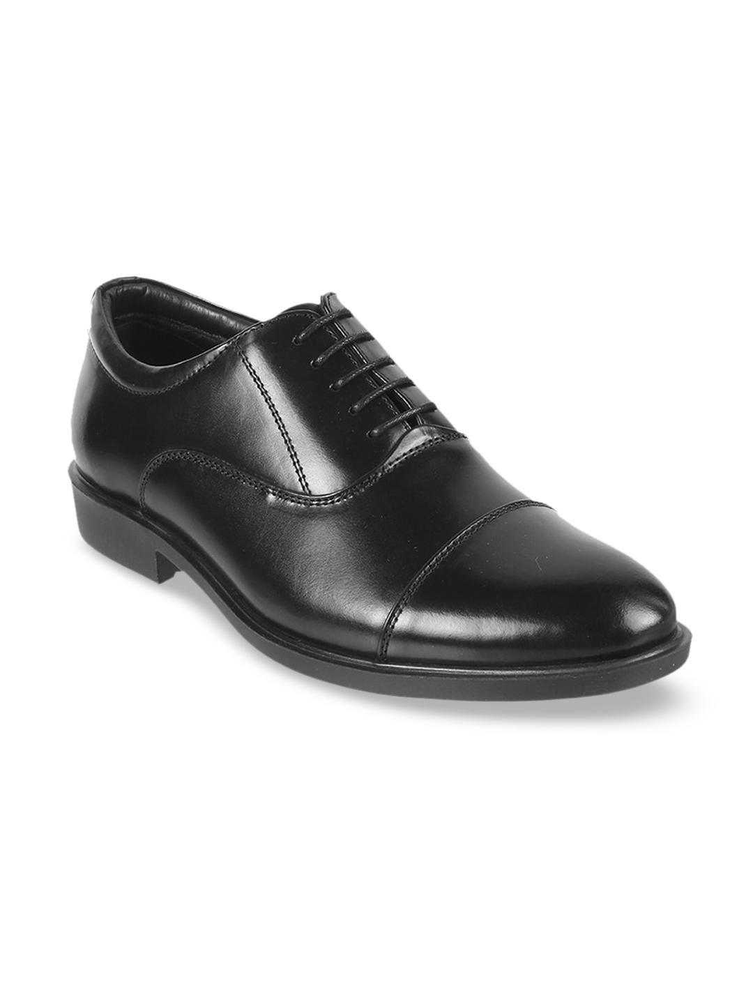 Mochi Men Black Solid Leather Formal Oxfords with Patent Finish - Image 1