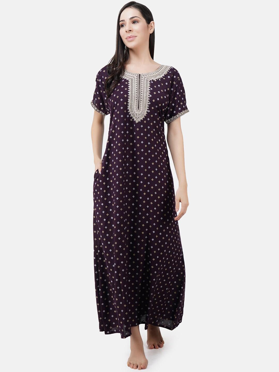 Buy KOI SLEEPWEAR Purple Embroidered Cotton Maxi Nightdress
