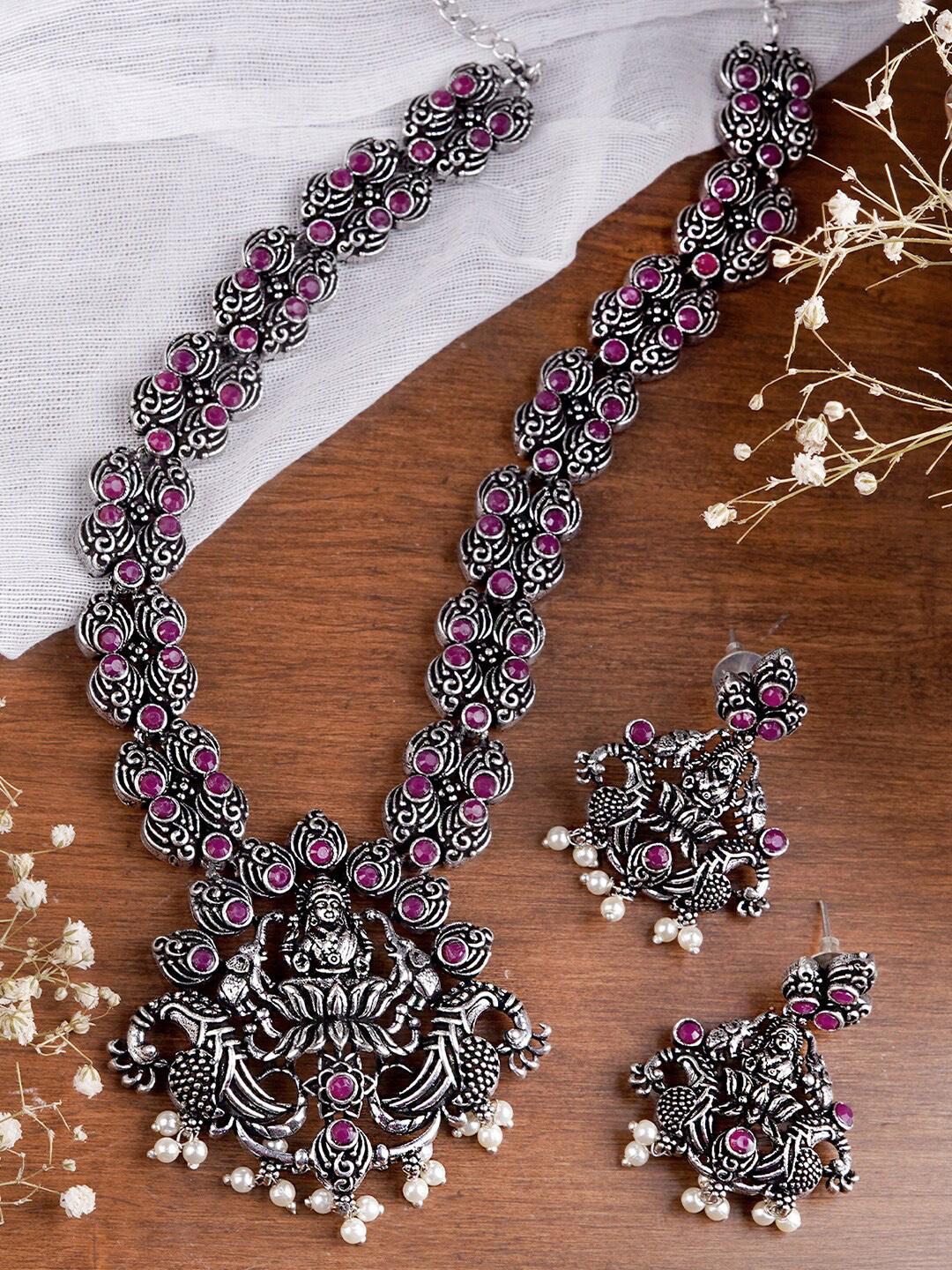 Buy TEEJH Oxidised Silver-Plated Purple & White Faux Stone-Studded
