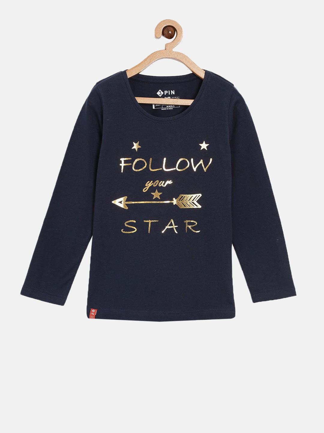 Buy 3PIN Girls Navy Blue Typography Printed Cotton Pure Cotton T