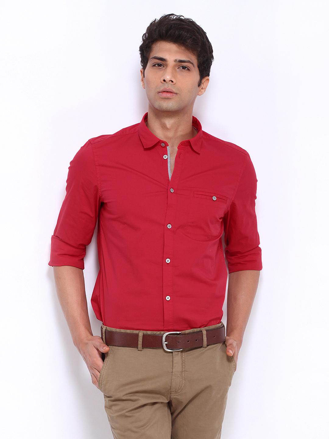 Pants Mens Red Shirts Casual UV FASHION Men Solid Casual Red Shirt