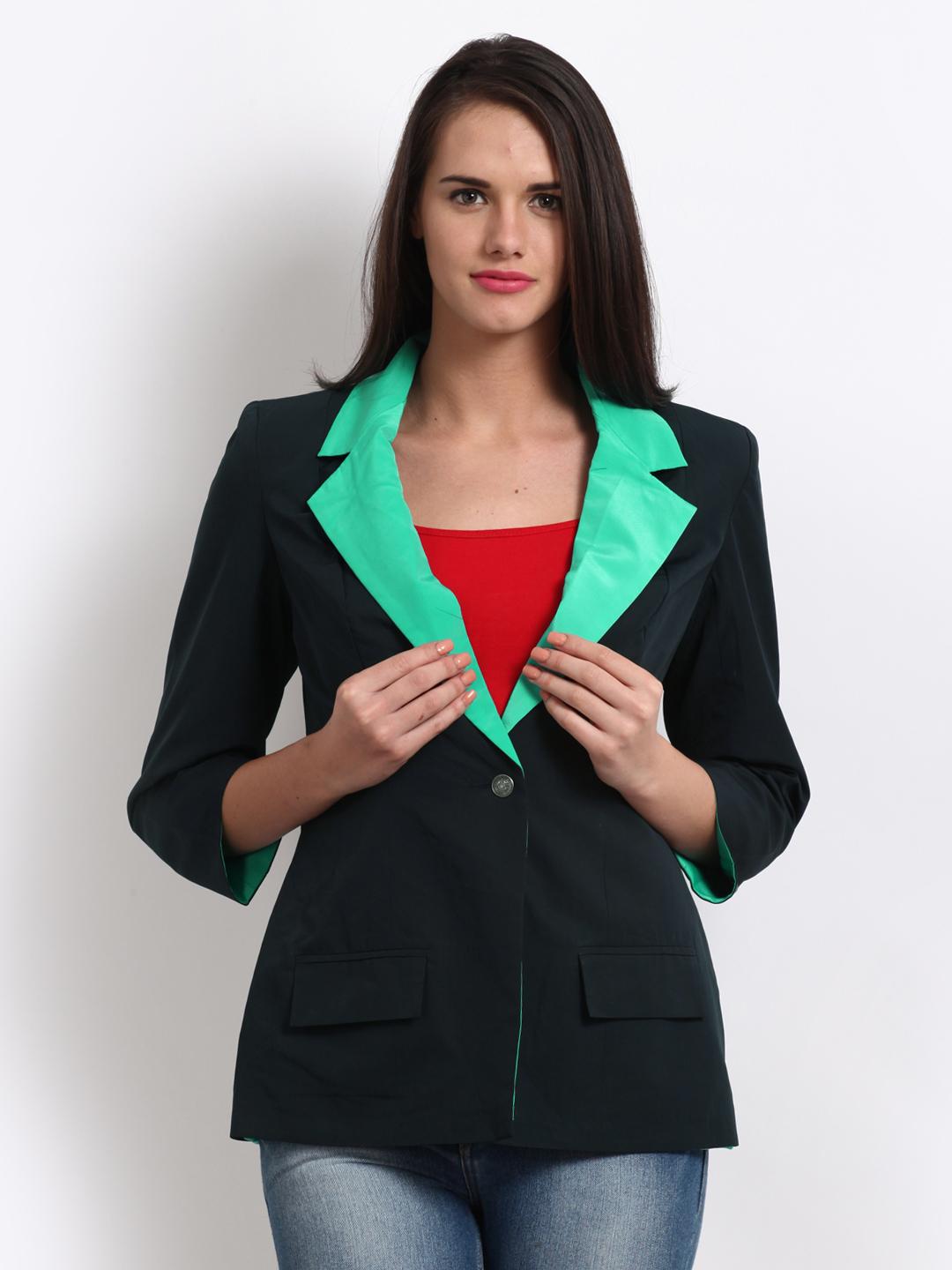 Buy FEMMELLA Women Navy Turquoise Blue Contrast Lapel Blazer