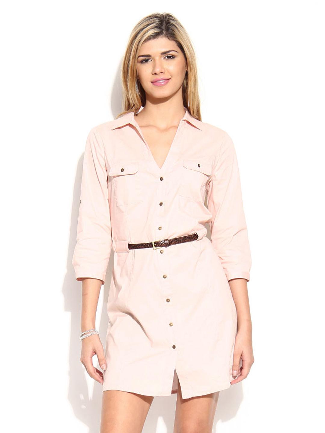 Buy MANGO Light Pink Belted-Waist Shirt Dress - Dresses for Women 433533 |  Myntra