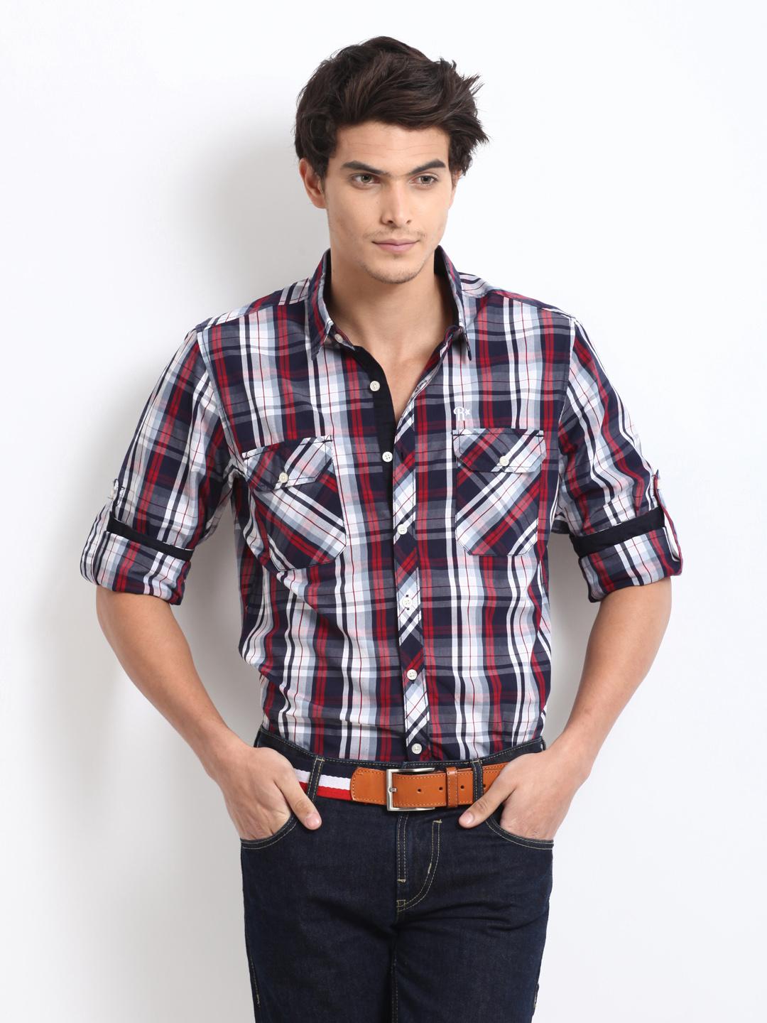 Buy Roadster Men Navy & Red Checked Slim Fit Casual Double Pocket