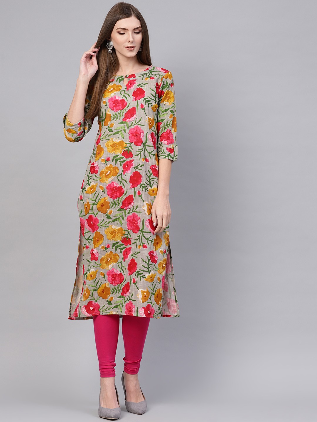 Women Grey and Pink Floral Pattern Print Straight Kurta