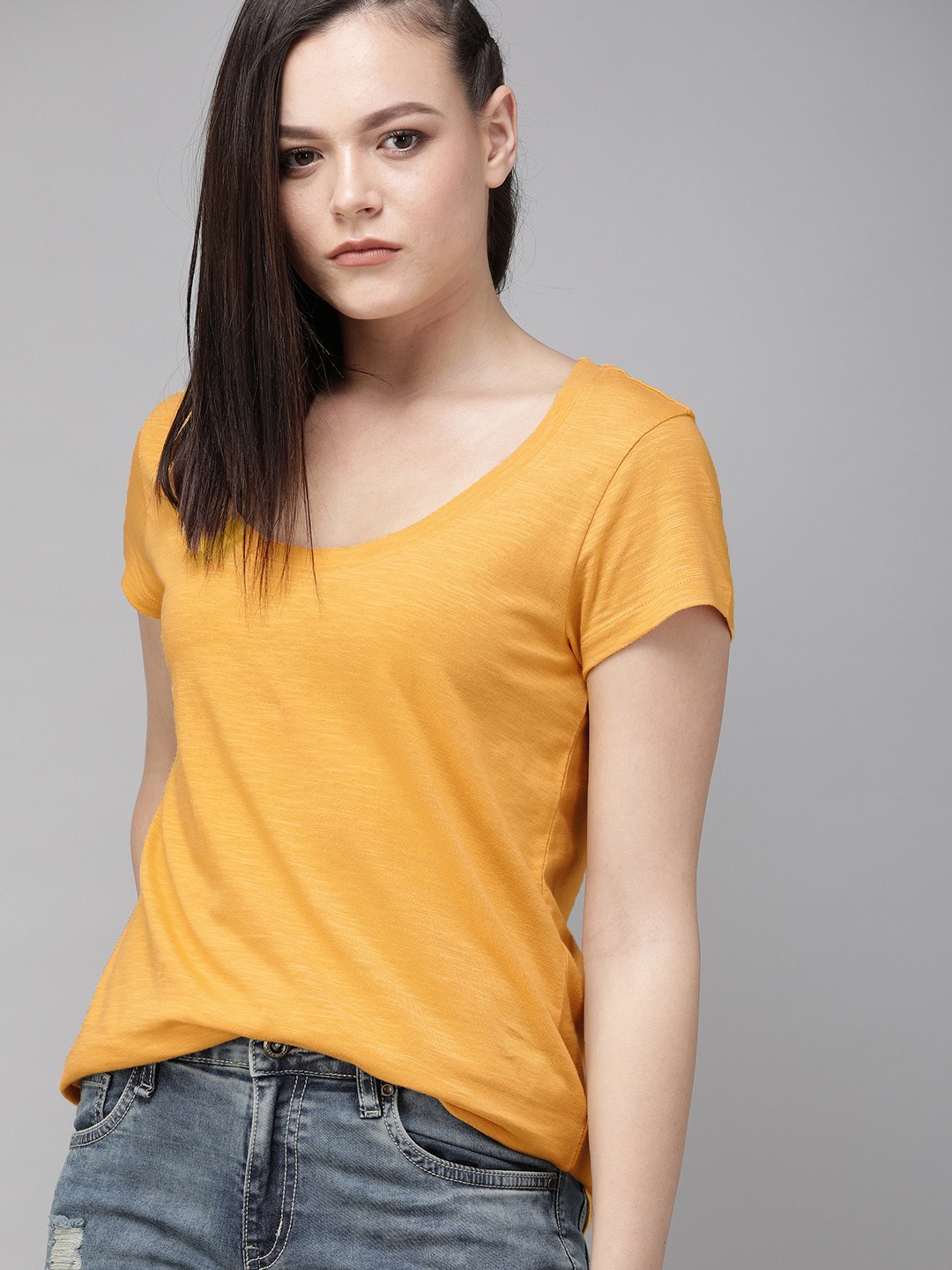 Women Yellow Solid Scoop Neck T-shirt