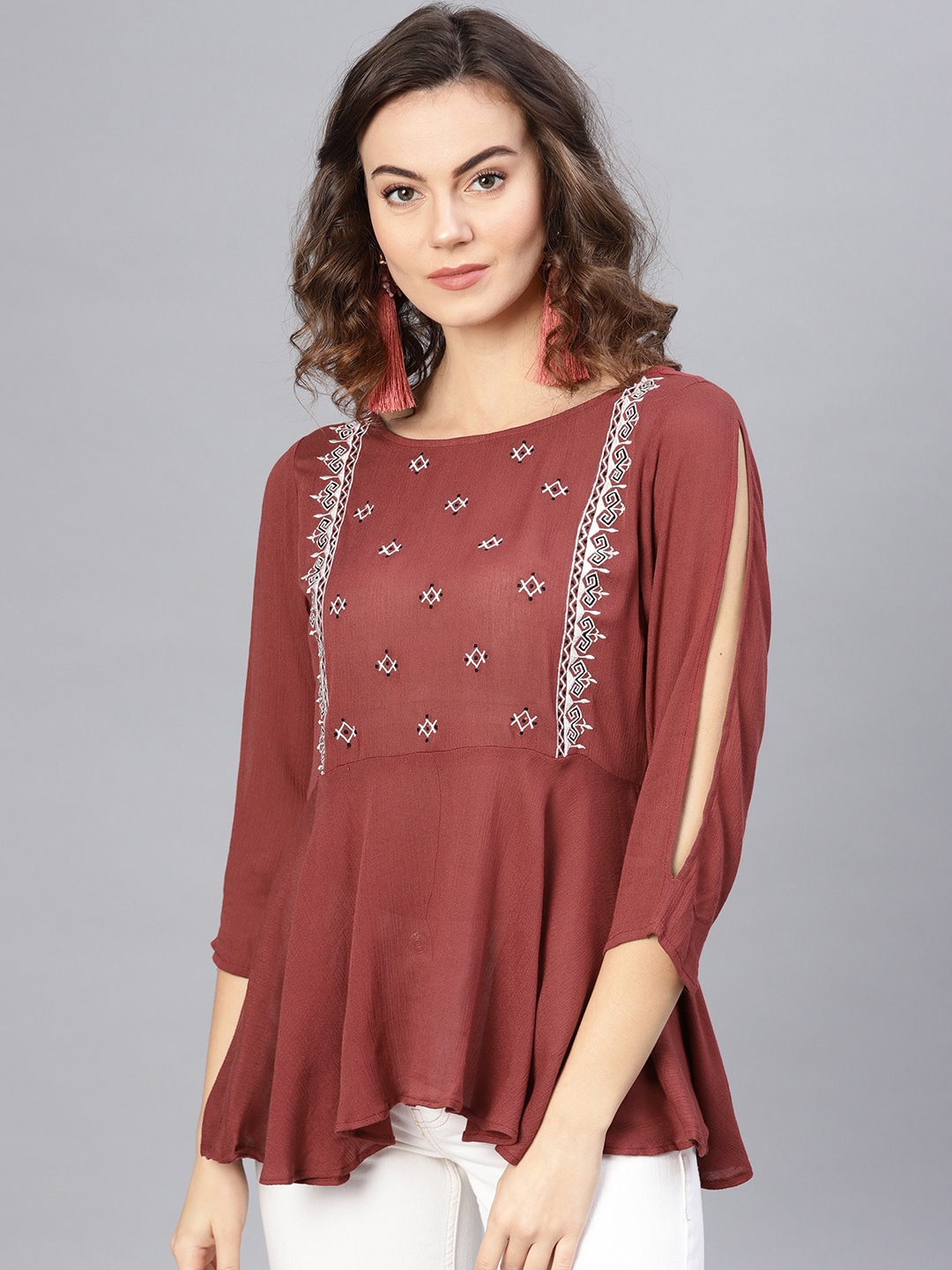 Pannkh
Women Rust Brown & Off-White Embroidered A-Line Top